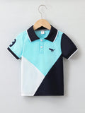 Young Boy Summer Casual Color-Block Dinosaur Embroidered Short Sleeve Polo Shirt