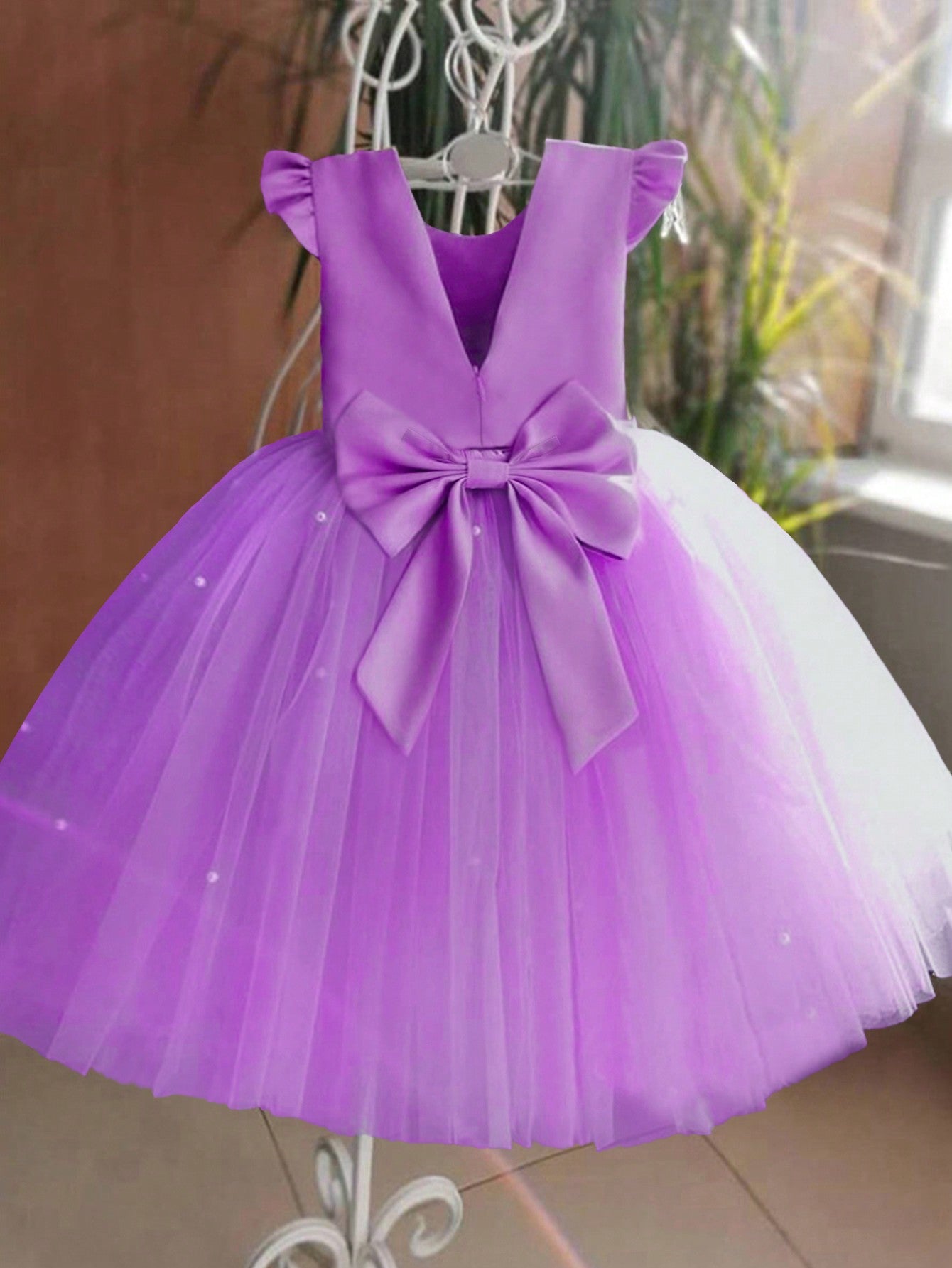 Young Girl Flutter Sleeve Mesh Party Dress, Suitable For Birthday Party, Dance Party, Casual Wear, Instrumental Performance, Stage Performance, Etc.