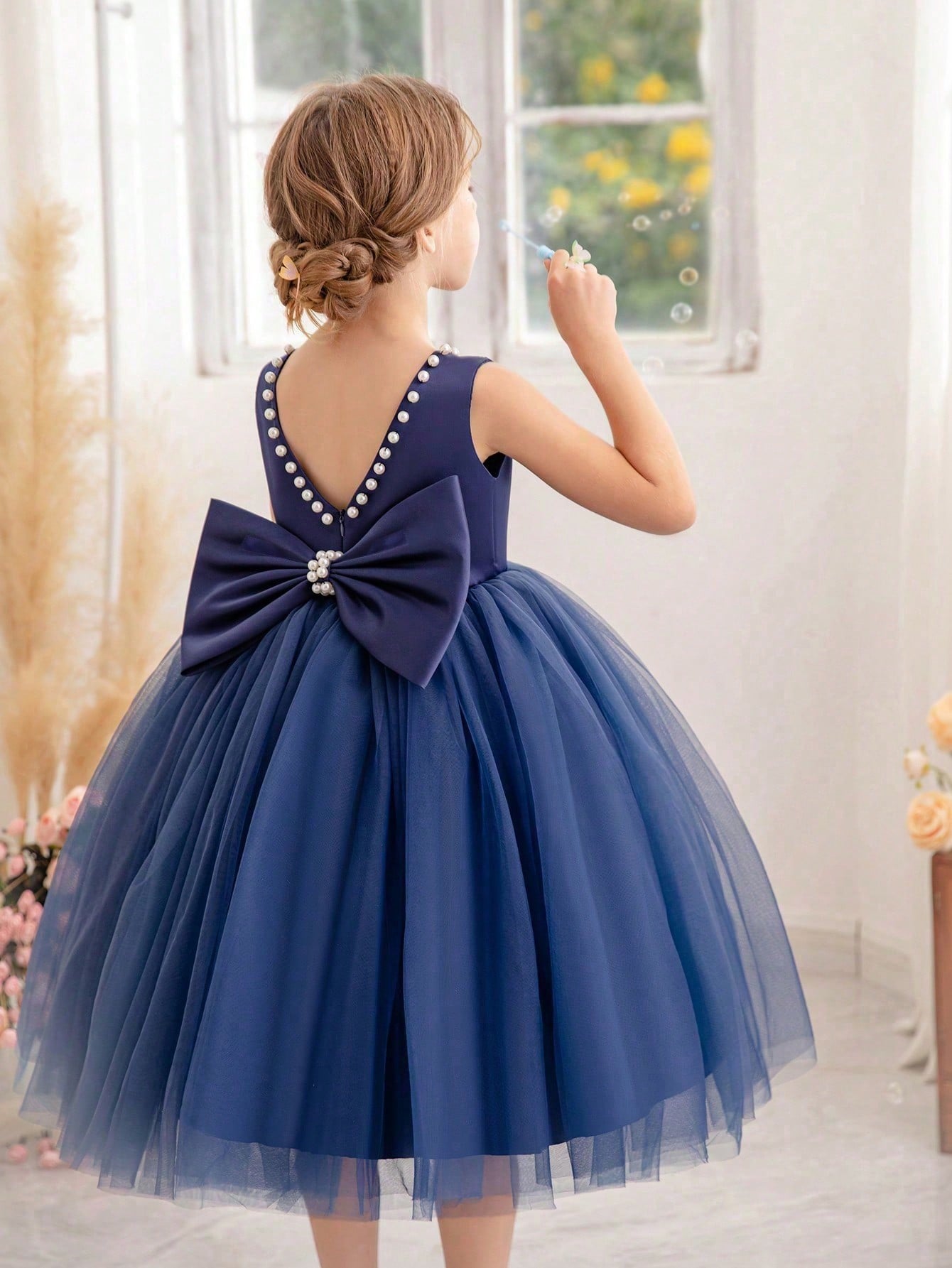 Young Girls' Pearl & Bowknot Decorated Princess Dress, Suitable For Birthday Party, Prom, Delicate Daily Outfit, Festival, Wedding, Stage Performance, Flower Girl