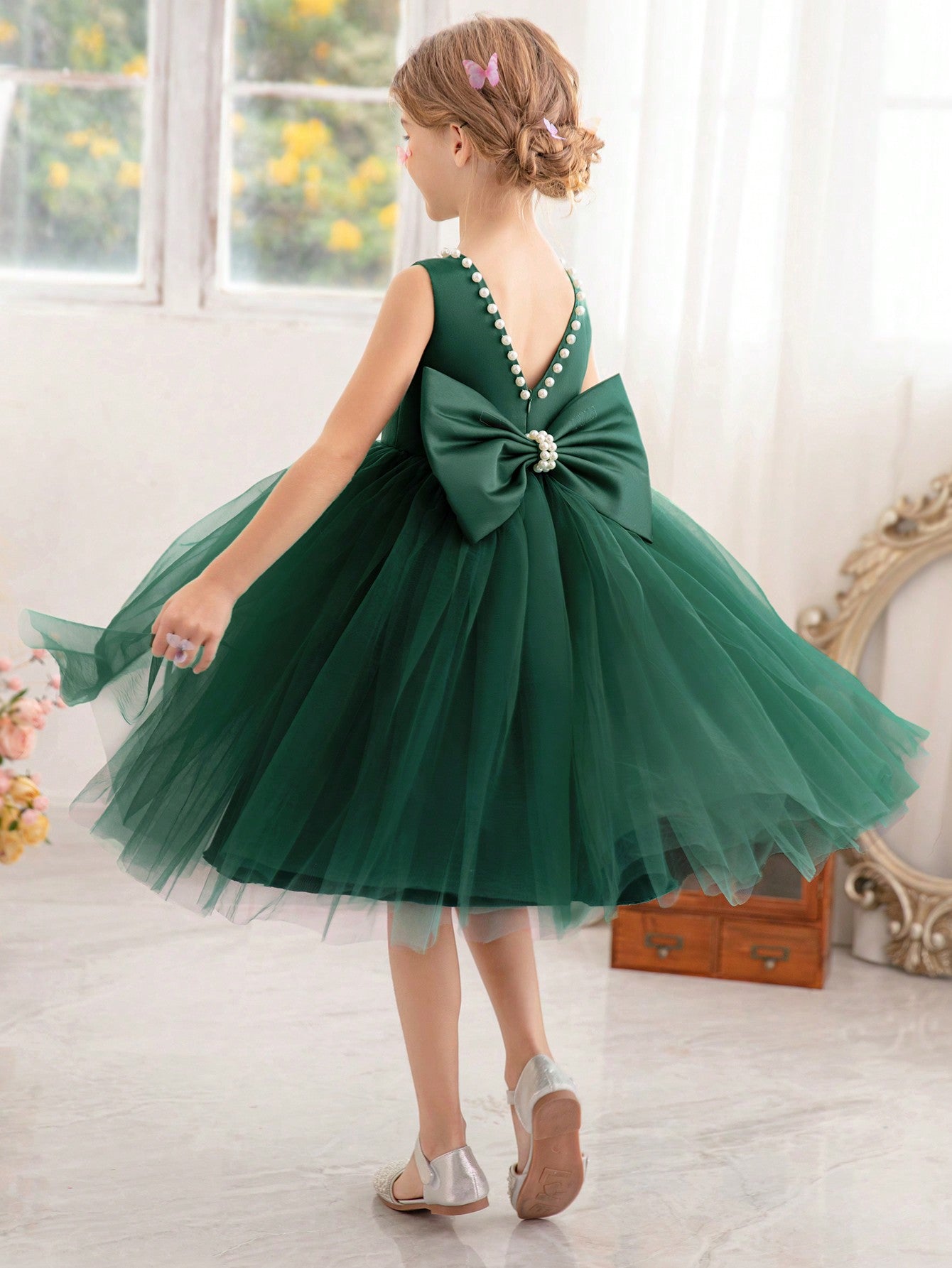 Young Girl Pearl Decorated Bowknot Back Deep V Dress Princess Dress Suitable For Girls Birthday Party Prom Party Festival Celebration Wedding Flower Girl Stage Performance Costume