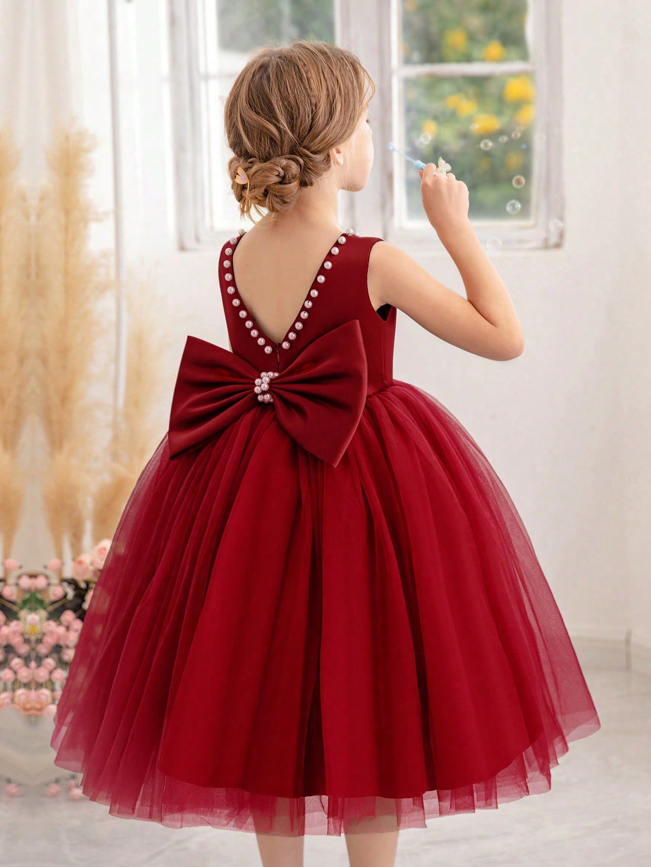 Young Girls' Pearl & Bowknot Decorated Princess Dress, Suitable For Birthday Party, Prom, Delicate Daily Outfit, Festival, Wedding, Stage Performance, Flower Girl