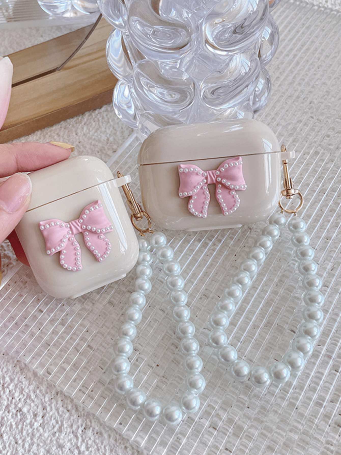 Creative 3D Bowknot Pearl Pendant Earphone Case Compatible With AirPods