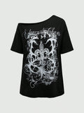 Goth Women's Y2K Subculture Punk Style Vintage Faded Vine Print Loose Oversized Drop Shoulder T-Shirt, Spring/Summer