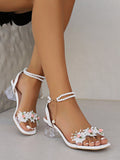 Women Summer New Fashion Floral Crystal Thick Heel High Heels Fairy Style Faux Pearl Shoes