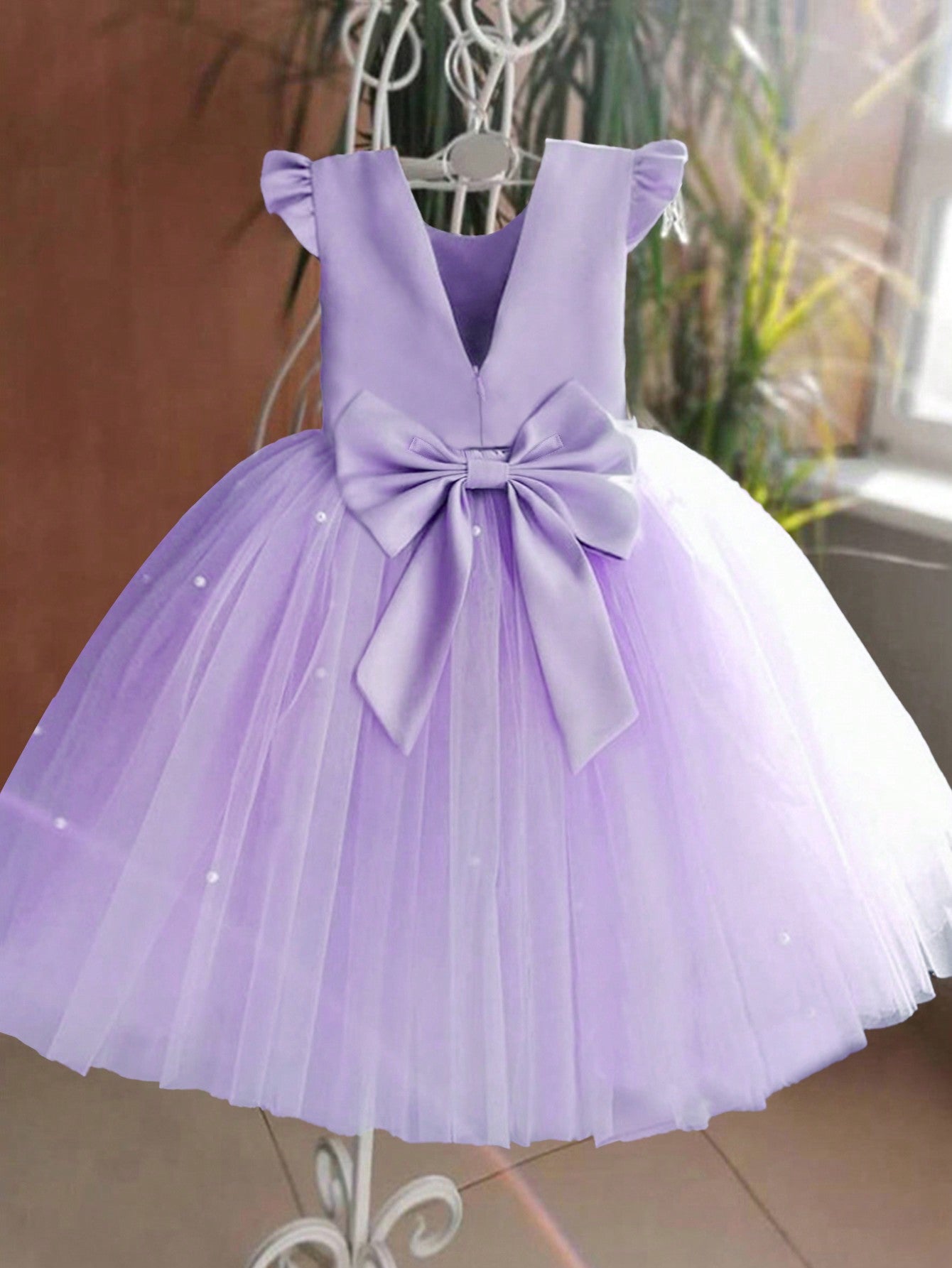 Young Girl Flutter Sleeve Mesh Party Dress, Suitable For Birthday Party, Dance Party, Casual Wear, Instrumental Performance, Stage Performance, Etc.
