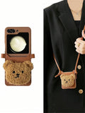 Korean Luxury Cartoon Crossbody Lanyard Bear Card Holder Case Compatible With Samsung Galaxy Z Flip6 5 4 3 5G Zflip6 ZFlip4 Zflip5 Back Cover