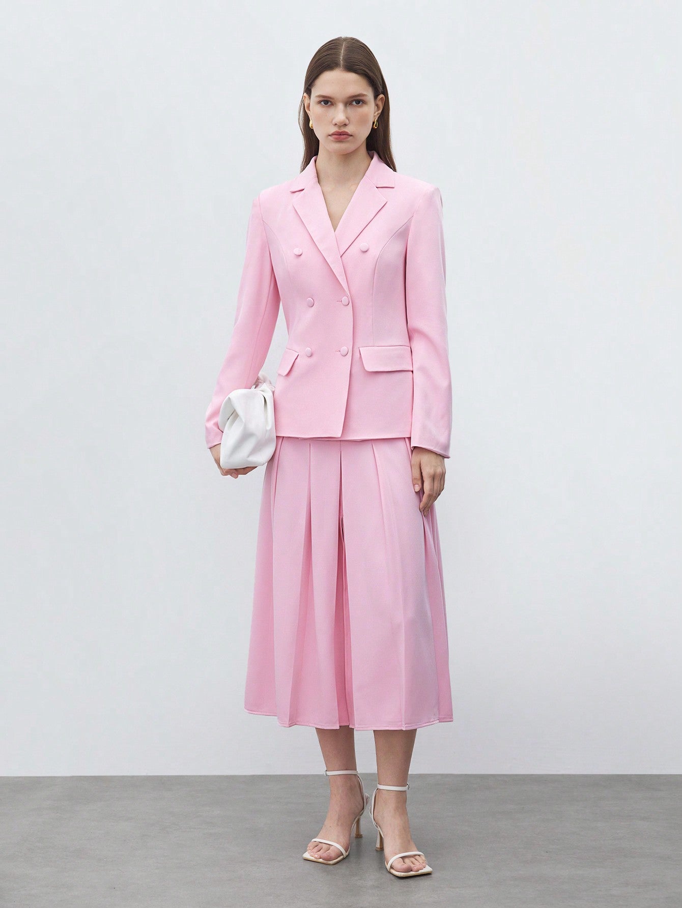 Women's Pink Blazer With Mottled Collar And Long Sleeves, And Elegant Business Suit With Pleated Skirt For Spring And Autumn