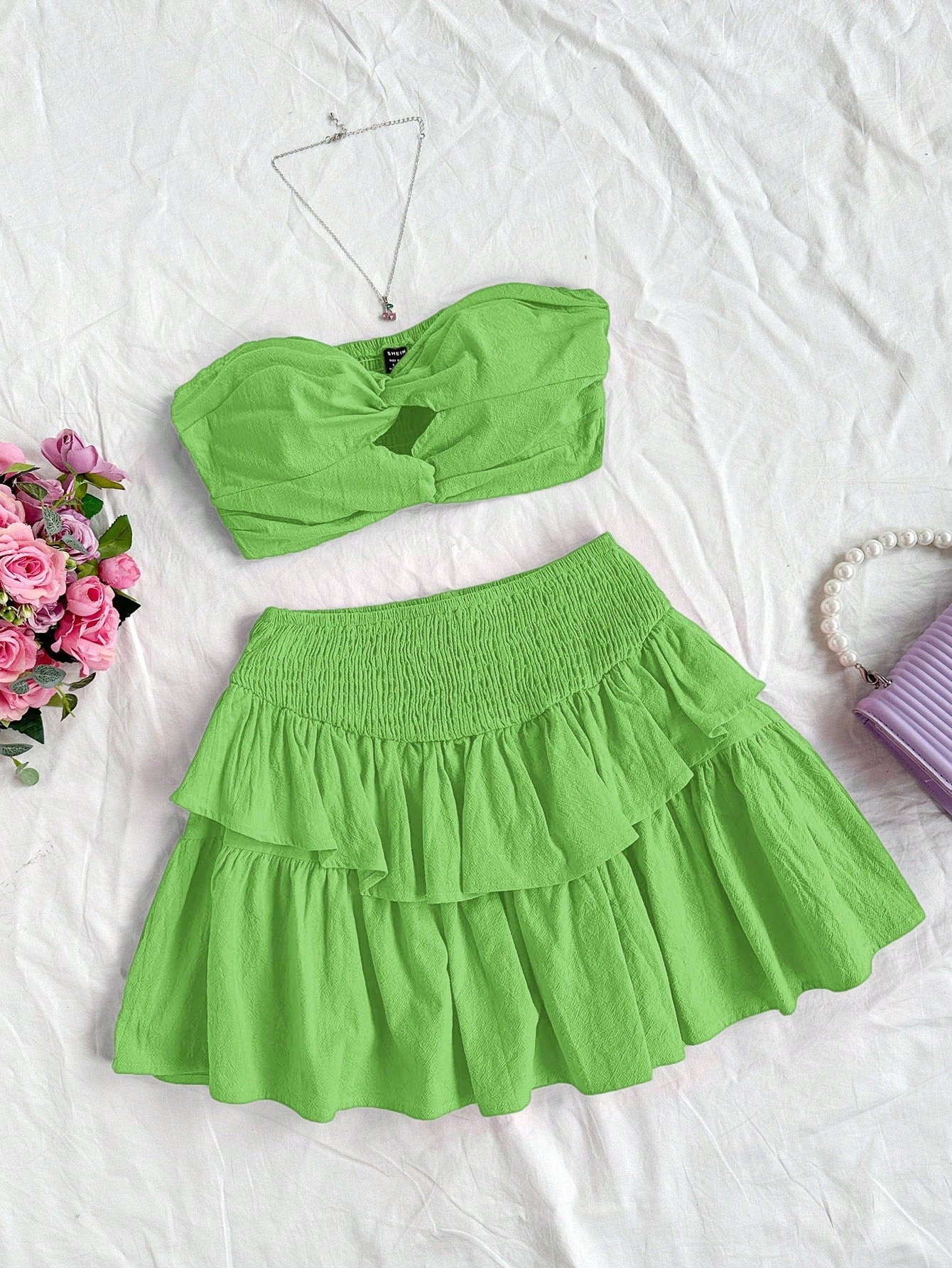 Casual Vacation Plaid Strapless Top With Twist Front And High Waist A-Line Skirt, 2pcs/Set