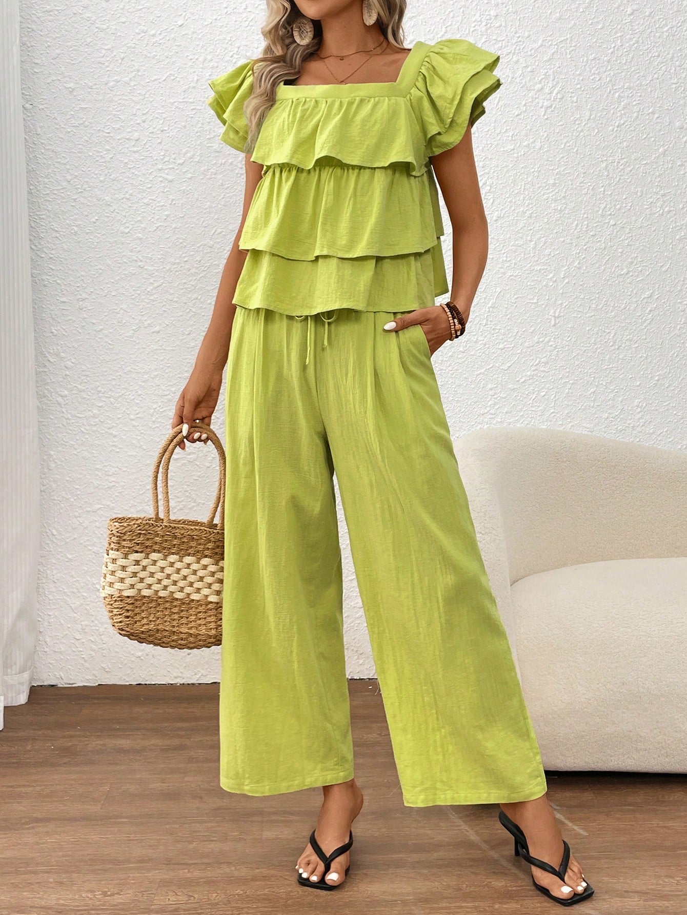 Casual Layered Woven Solid Color Square Neck Suit Set