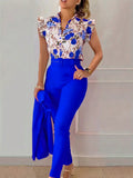Women's Summer Elegant Floral Print Short Sleeve Shirt And Pants Set