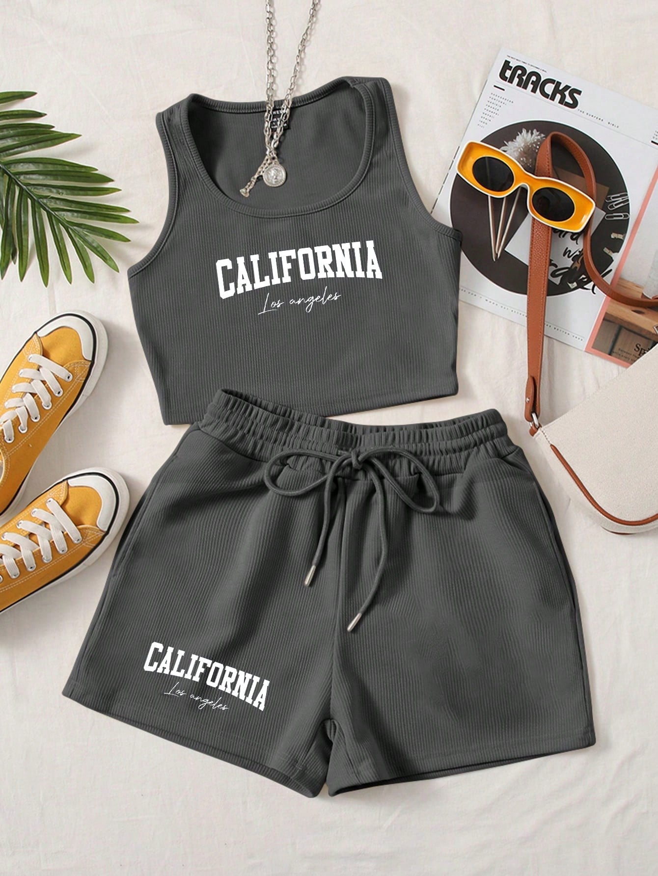 Knitted Solid Color Vest With Drawstring Waist Shorts Set