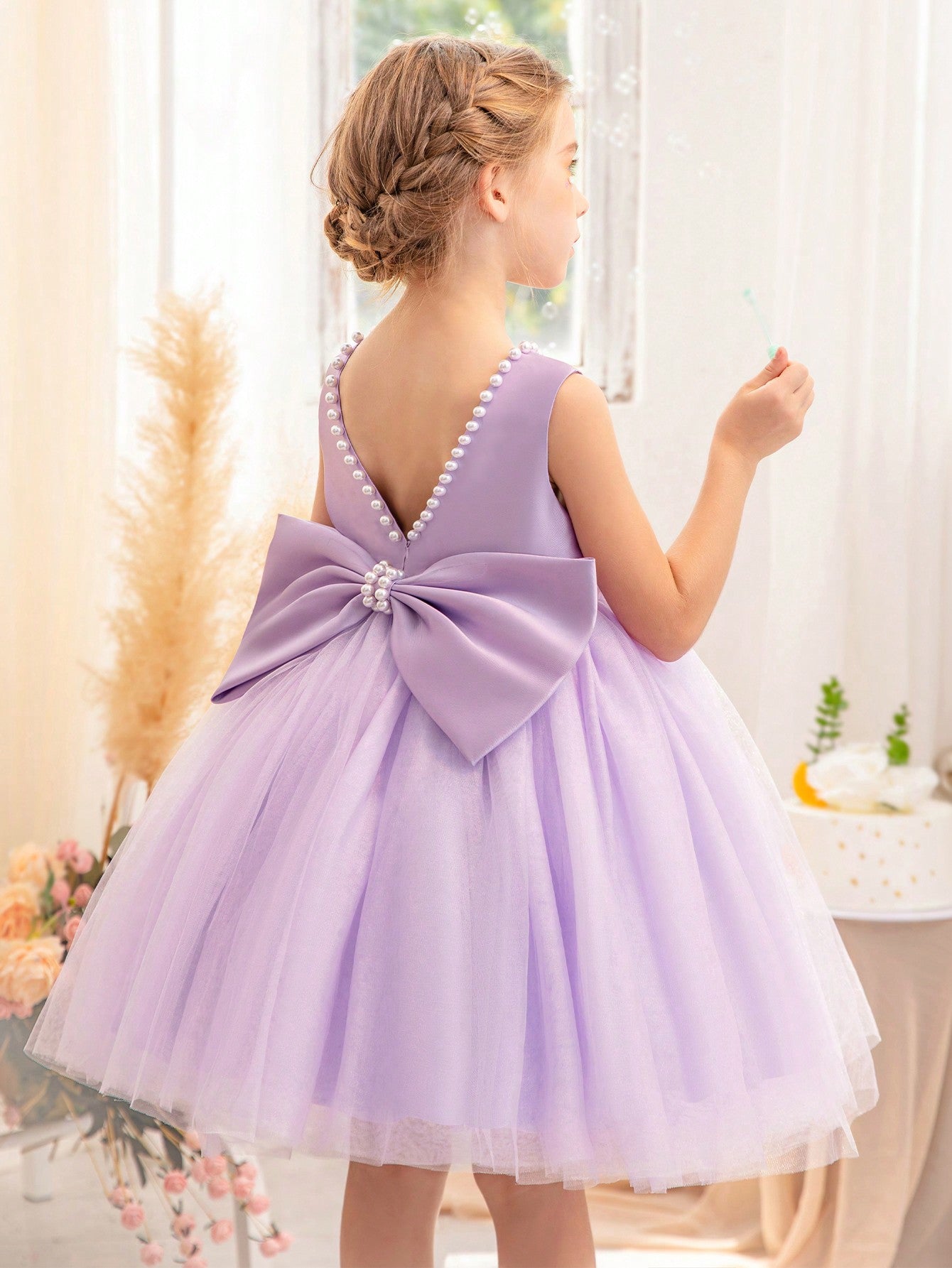 Young Girl Pearl Decorated Bowknot Back Deep V Dress Princess Dress Suitable For Girls Birthday Party Prom Party Festival Celebration Wedding Flower Girl Stage Performance Costume