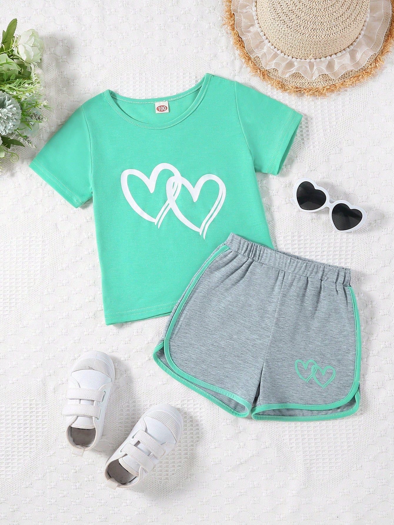 Young Girl Heart Print Tee & Contrast Binding Shorts