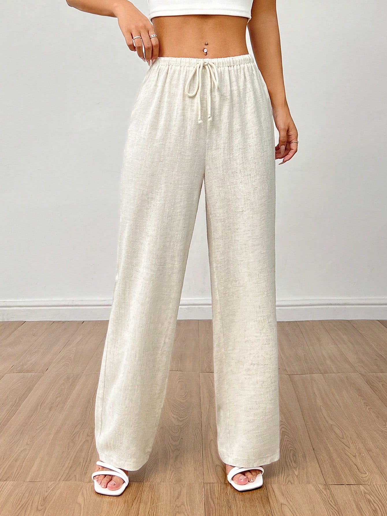 Solid Drawstring Waist Wide Leg Pants