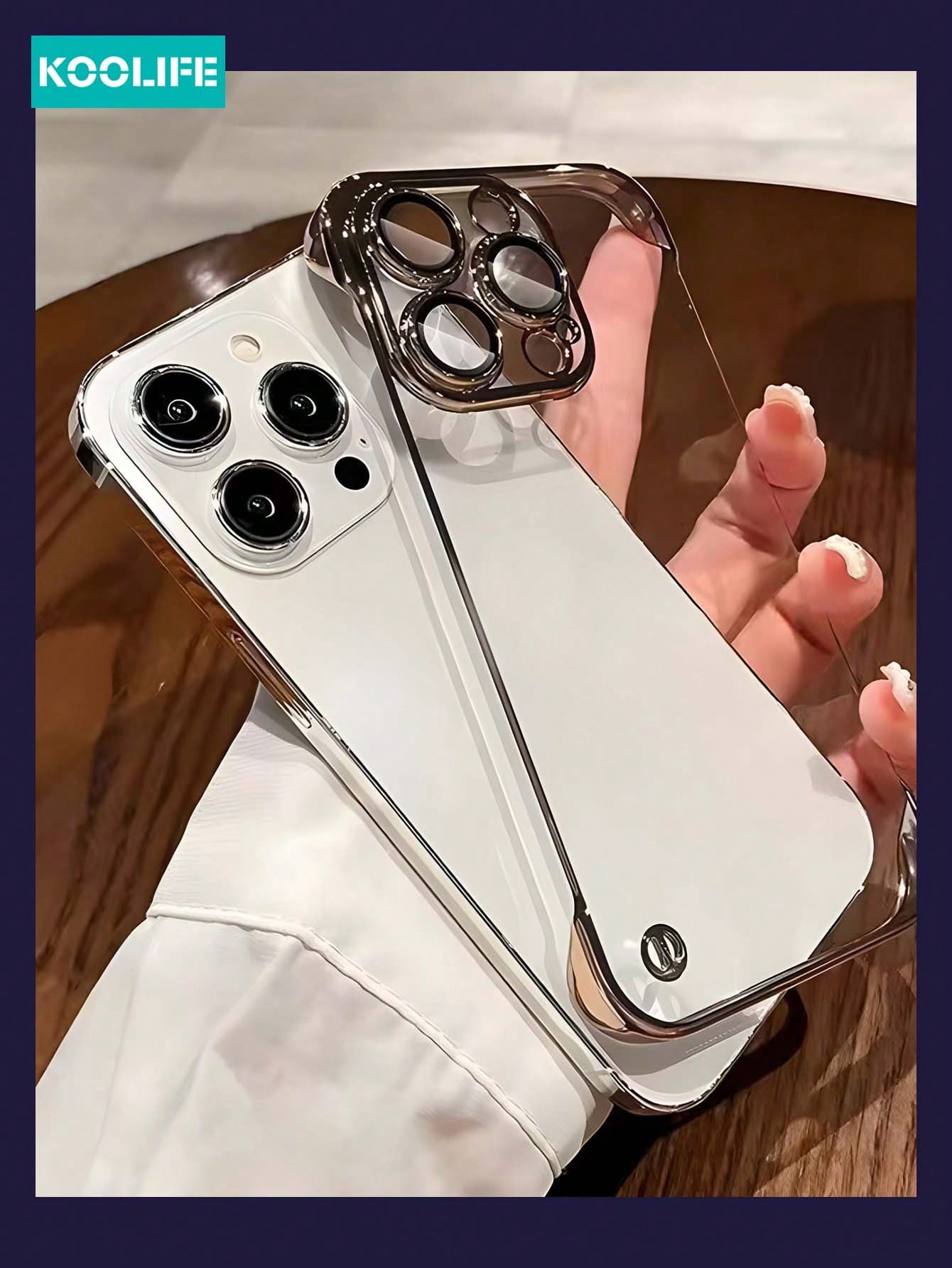 Koolife 1pc Frameless Clear PC Phone Case With Electroplated Edge And Lens Film Compatible With Apple IPhone 13/13 Pro/13 Pro Max/14/14 Pro/14 Plus/14 Pro Max/15/15 Pro/15 Pro Max/15 Plus, Shockproof And Scratch Protective Cover