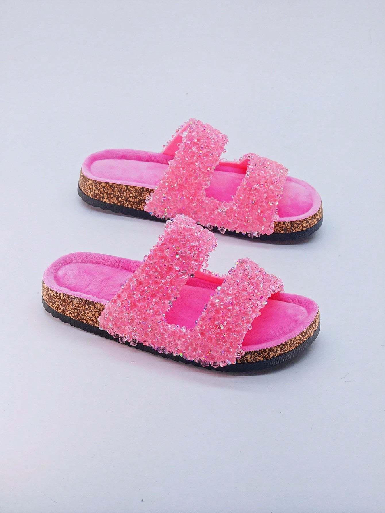 New Hot Selling Cork Pattern Women's Shoes, Street Casual Flat Slippers With Double Straps For Indoor And Outdoor, Rose Red Color With Sparkling Diamond Big Buckle Lady Sandals