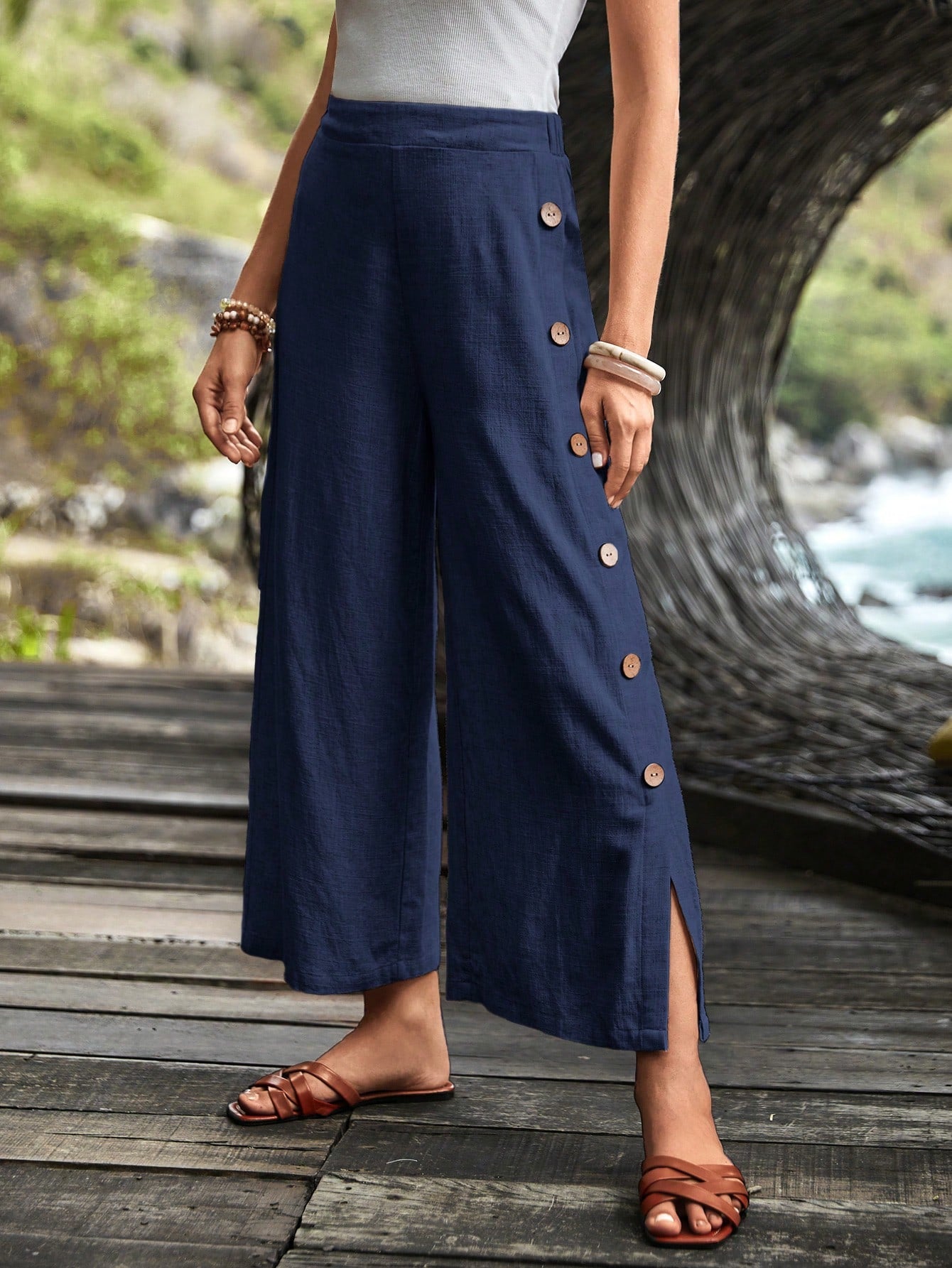 Button Detail Split Hem Wide Leg Pants