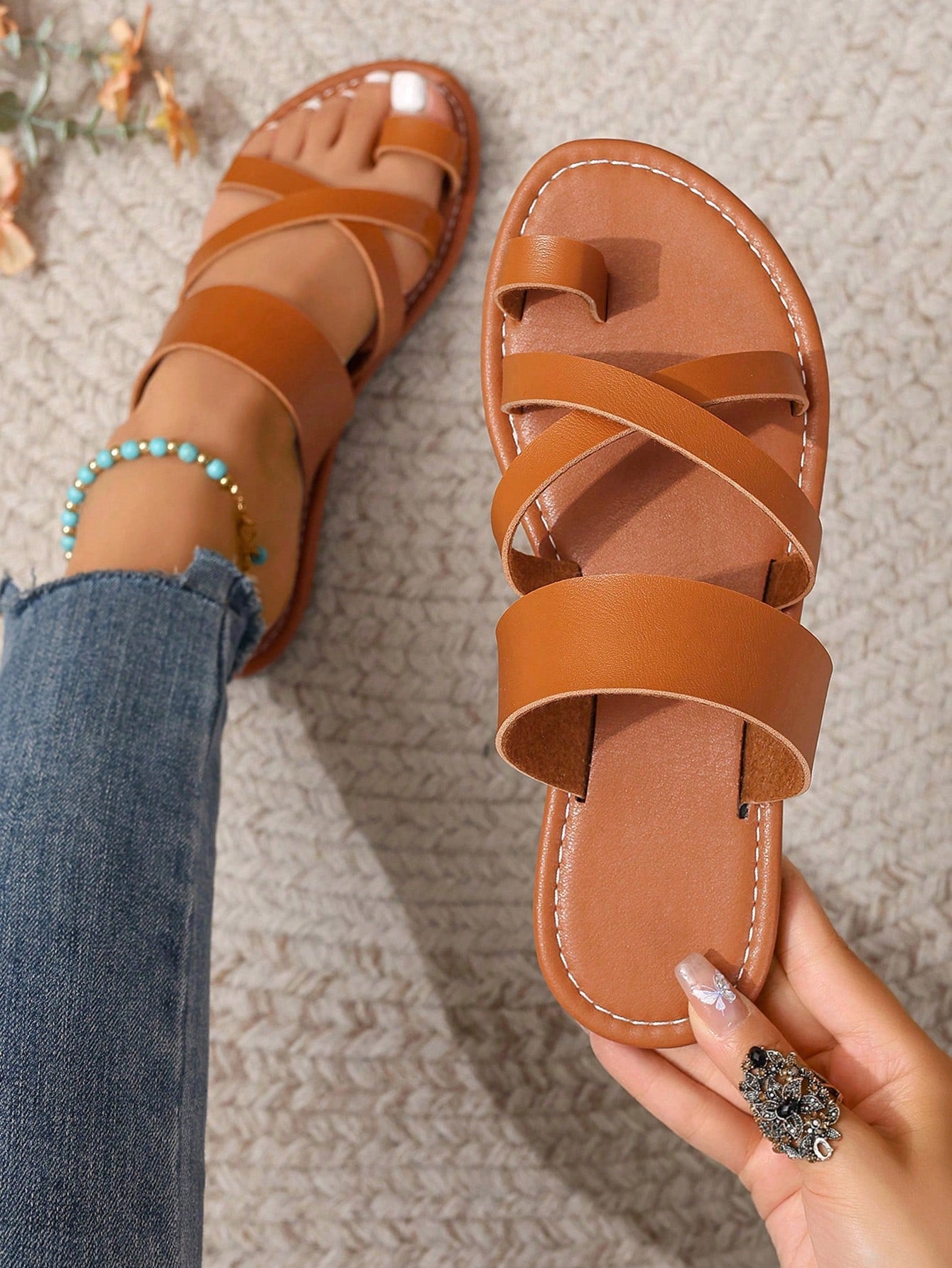 Korean Style Casual Flat Slippers For Women, Summer, Open Toe, Woven Roman Style, Fashionable & Comfortable For Beach, Apartment, Brown Color, Size Available For Women