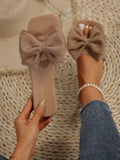 European And American Style Women's Plus Size Comfortable Simple Flat Sandals With Open Toe, Bow Knot And Fabric Upper, Casual And Fashionable Summer Beach Shoes For Outdoor