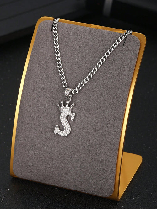 1pc Initial Letter & Crown Pendant Chain Necklace A-Z Customized Name Alphabet Necklace For Boys Girls Family Friends Birthday Gift