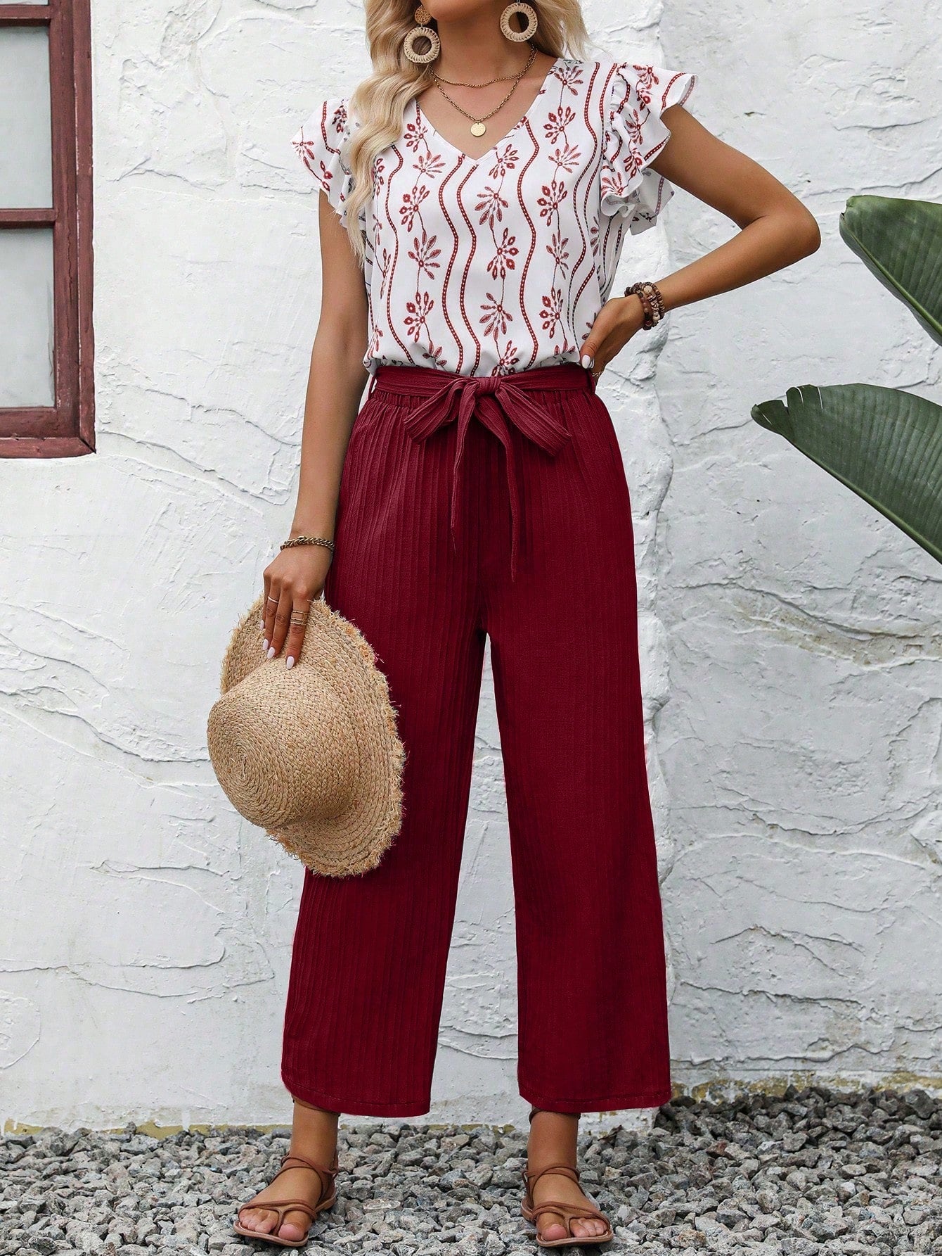 Allover Print Ruffle Trim Blouse & Belted Pants
