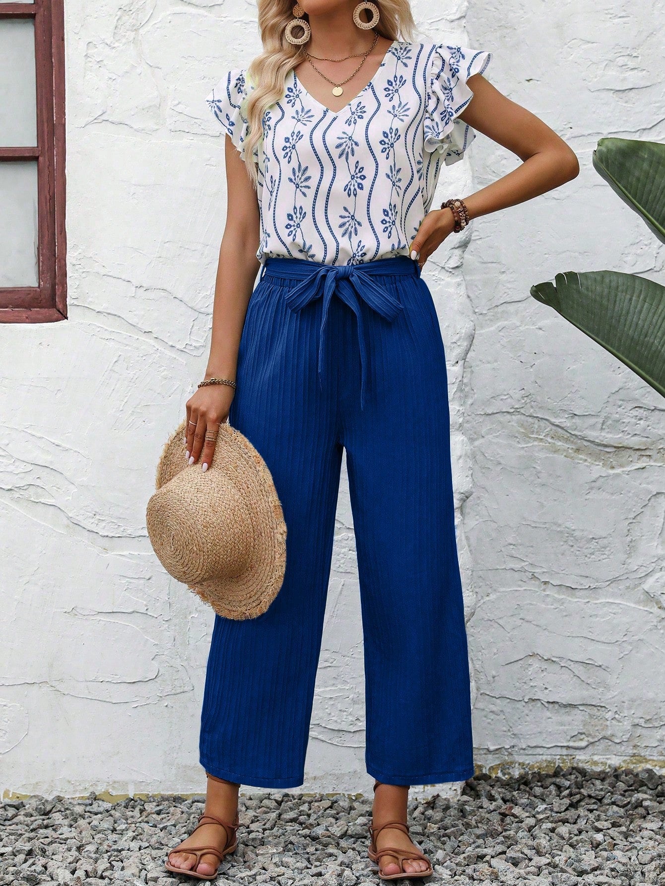 Allover Print Ruffle Trim Blouse & Belted Pants