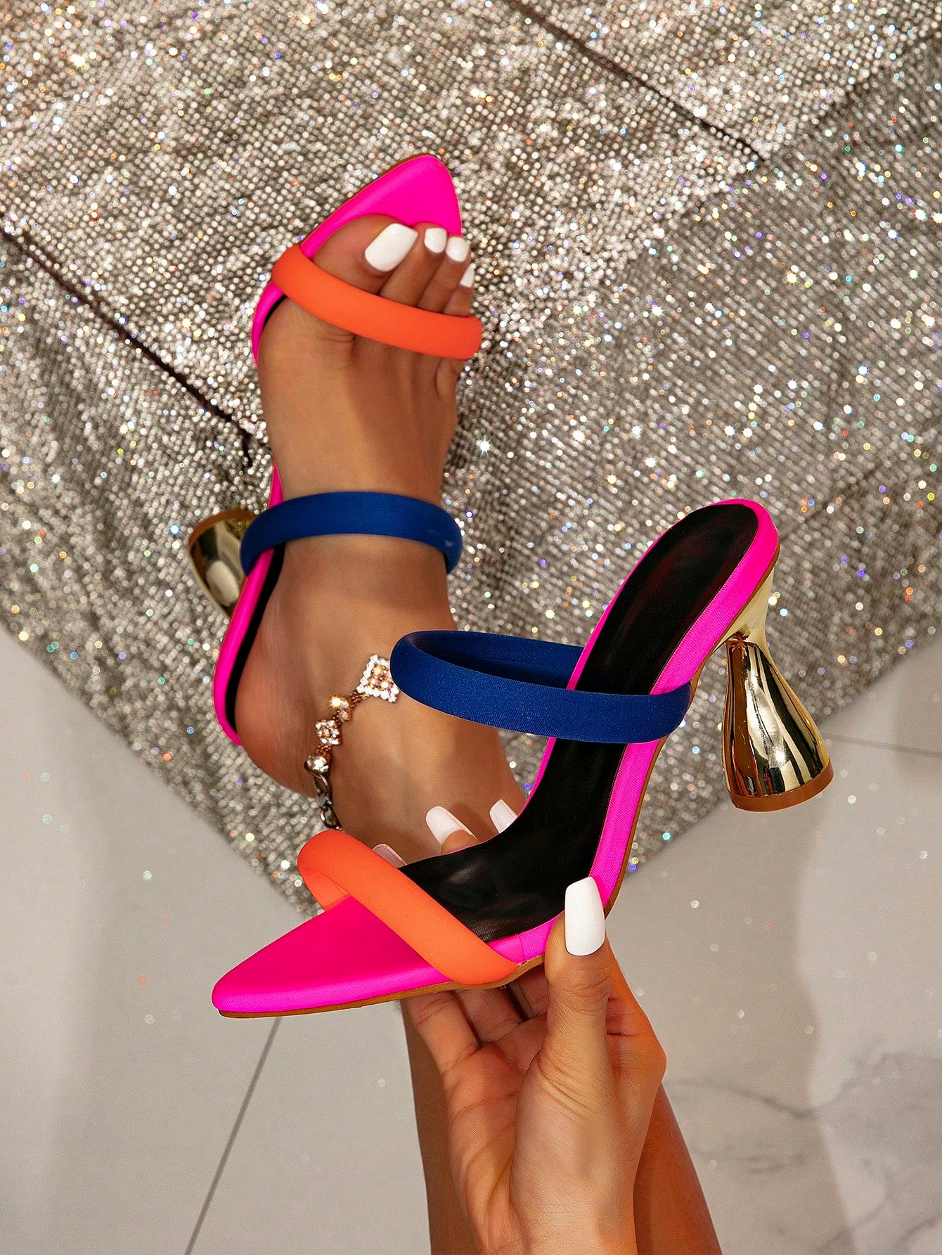 Brand Women's Gold Pyramid Decor Mules High Heels Sandals, Gorgeous Party High Heel Sandals