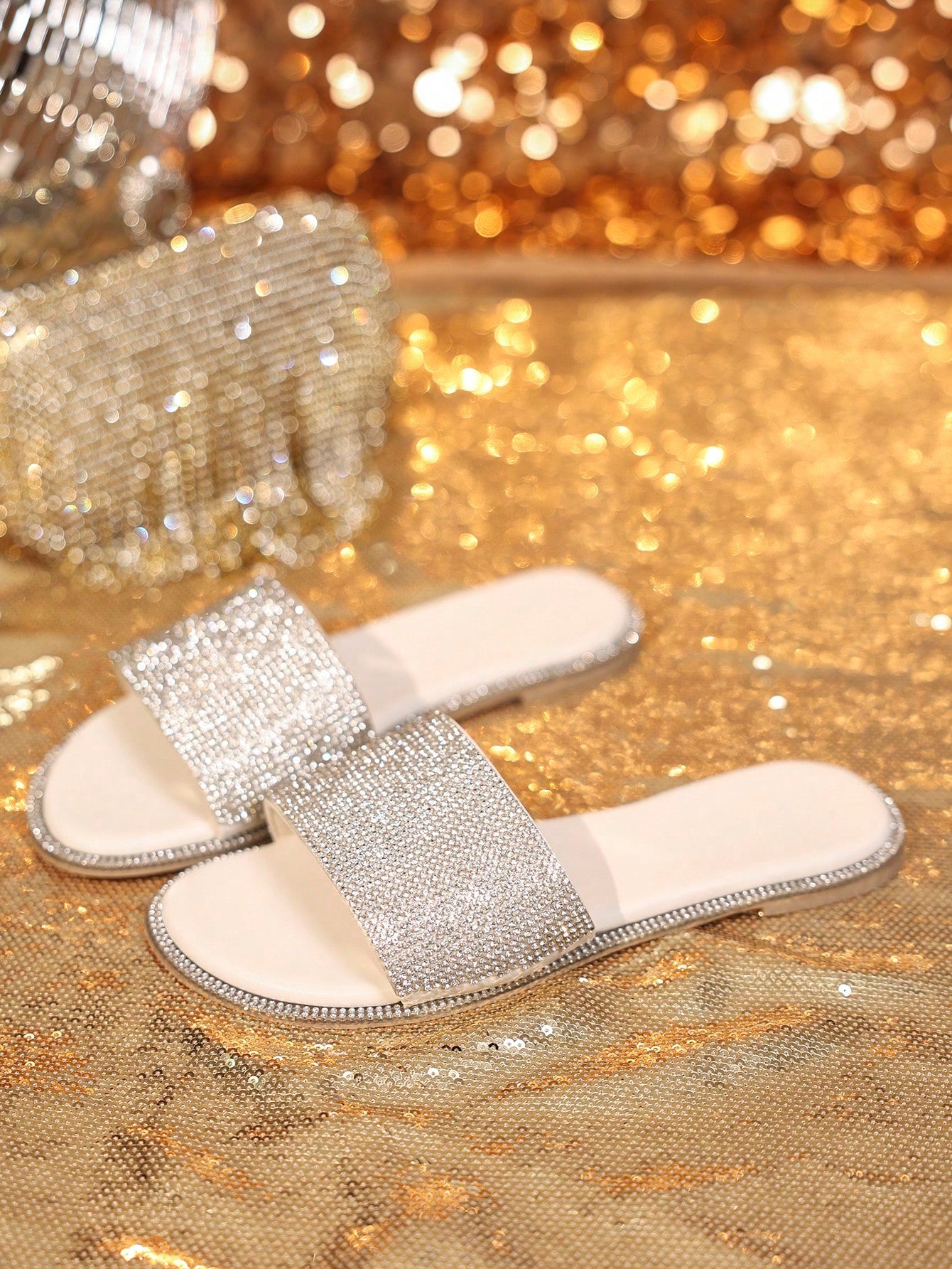 Women Rhinestone Decor Slide Sandals, Glamorous Summer Flat Sandals