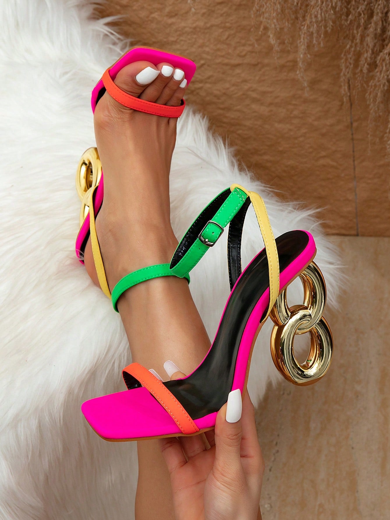 Women's Colorful Decorated Pyramid Heel Mules Sandals, Glamorous Party High Heel Shoes
