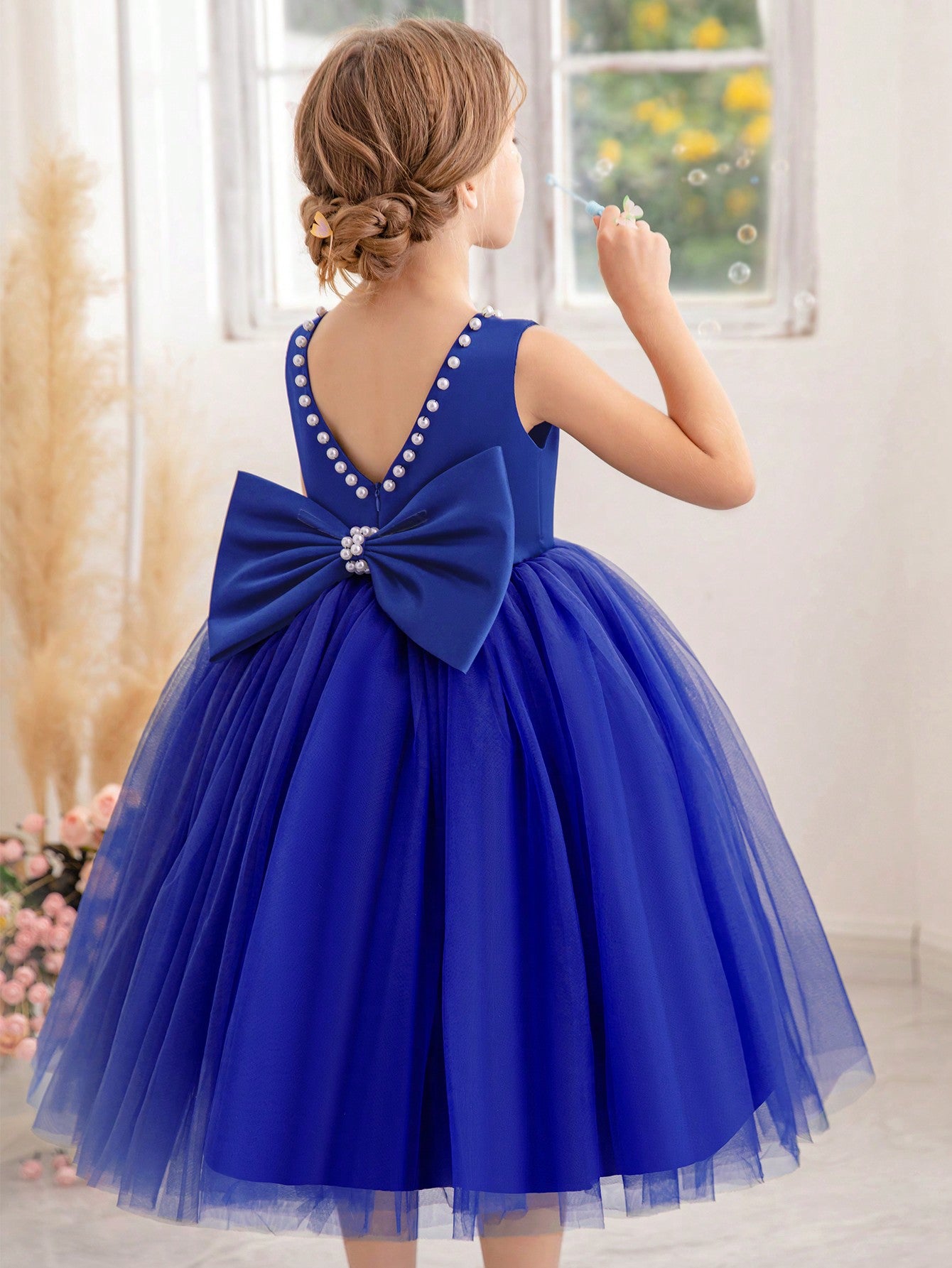 Young Girl Pearl Decor Bowknot Back Mesh Princess Dress, Suitable For Birthday, Party, Dance, Festival, Celebration, Wedding Flower Girl, Stage Show Performance