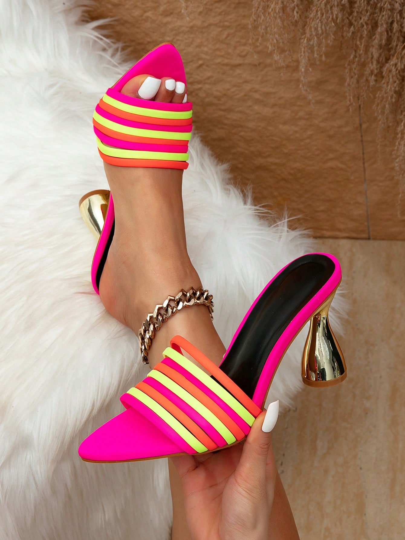 Brand Women's Gold Decorated Pyramid High Heel Mules Sandals, Stunning Party High Heel Sandals