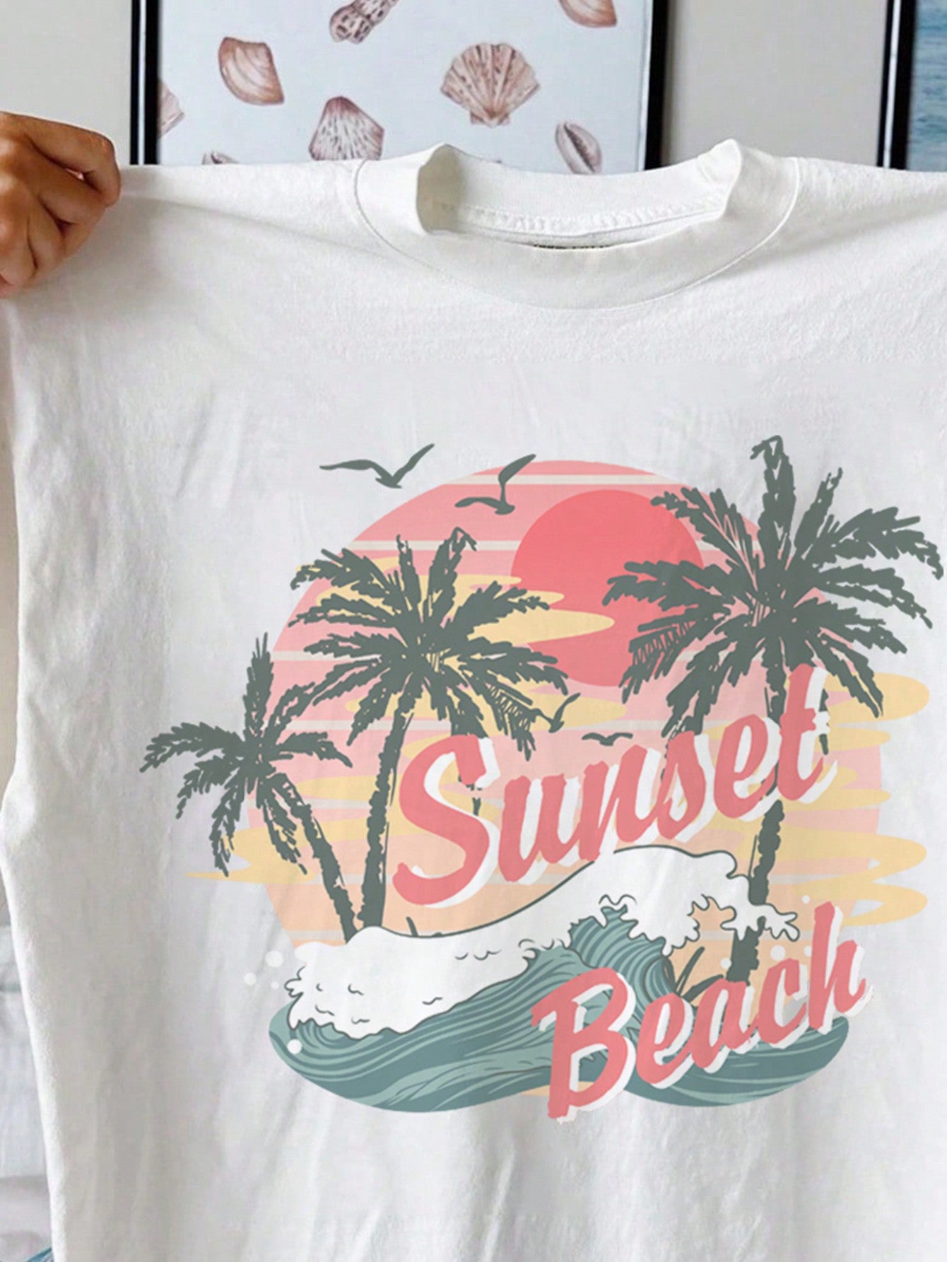 Teen Girl Vintage Casual Summer Coconut Tree Landscape Printed Knitted Oversized T-Shirt, Suitable For Summer