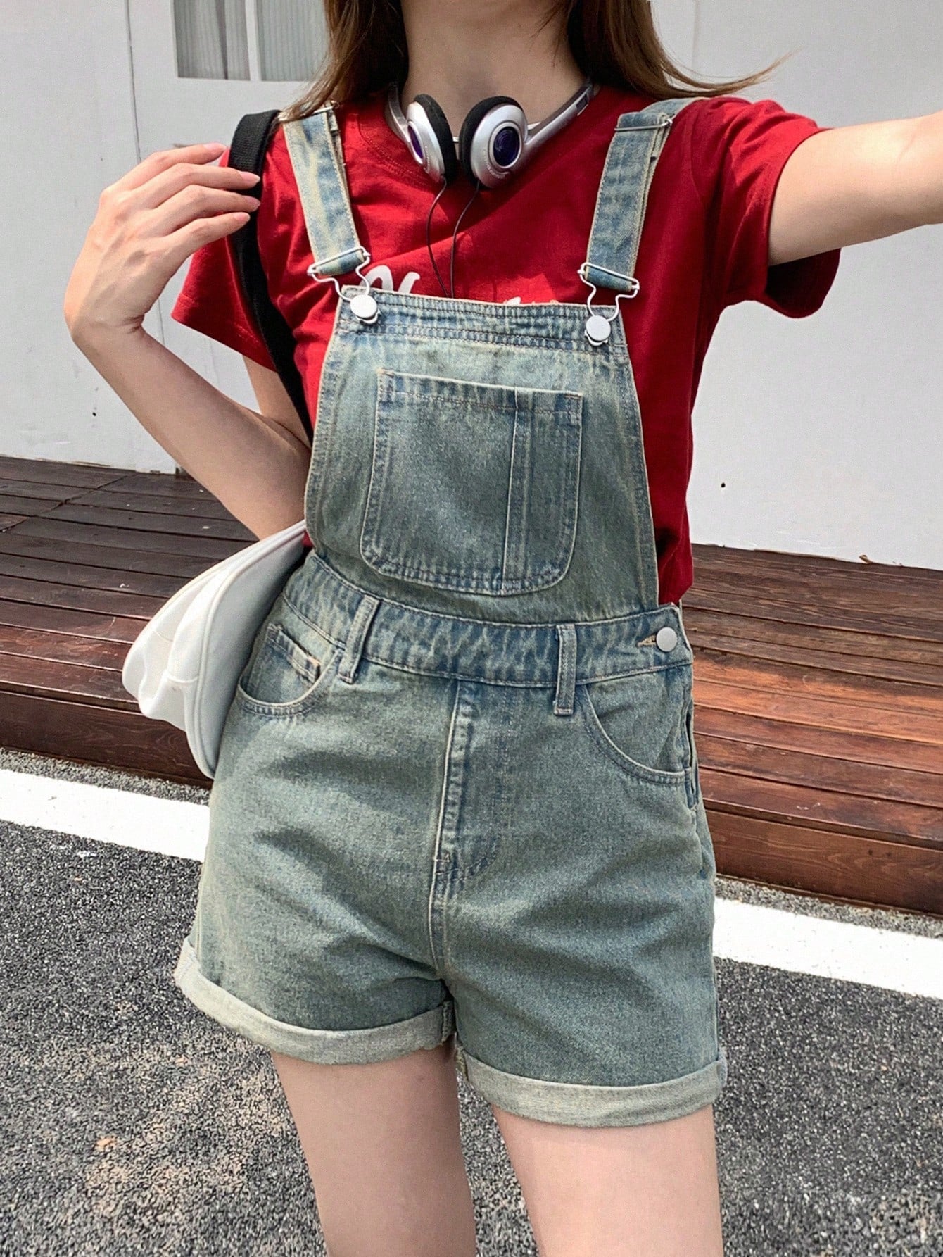 Roll Up Hem Denim Overall Romper Without Tee