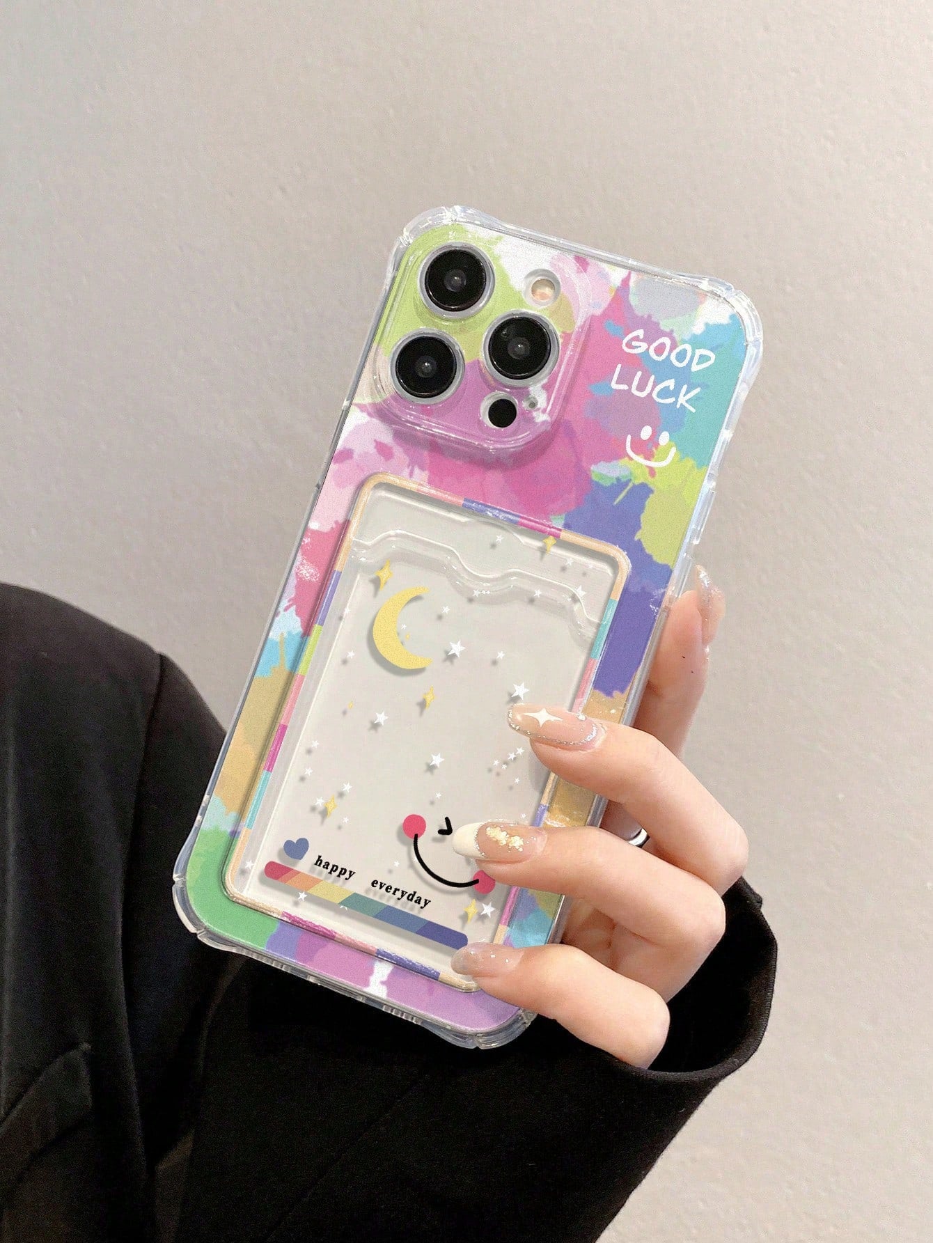 Cartoon Smiling Face Painted Four Corner Shockproof Texture, Skin-Friendly And Multifunctional Card Holder Wallet For Cards And Transparent Painted Phone Case Applicable Compatible With IPhone 15 Series, Samsung Series, Redmi Series, P13 Phone Case, P14 F