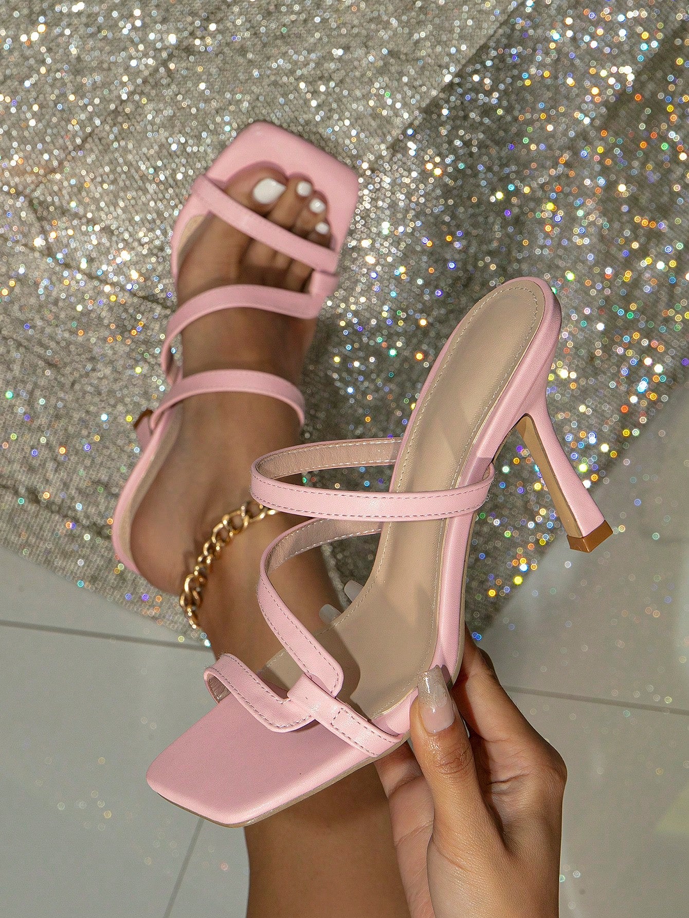 Women's Summer Solid Color Casual Fashion Non-Slip Square Toe High Heel Sandals, Pink