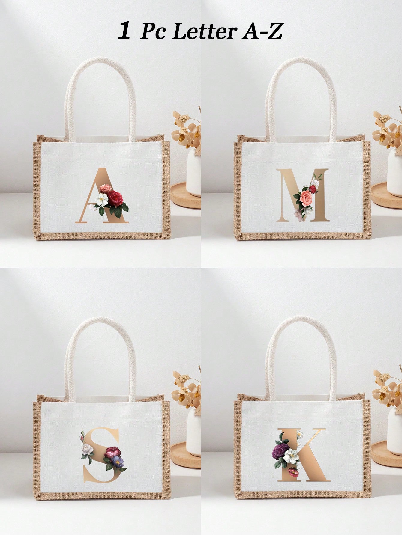 1 Pc Big Kids Design Letter Printed Linen Tote Bag, Personalized Gift Bag, Lightweight, Portable, Letter Floral Pattern Natural Elements Linen High Capacity Tote Bag, Graduation Gift, Beach Holiday Fashion Tote Bag, Suitable For Wedding, Birthday, Beach,