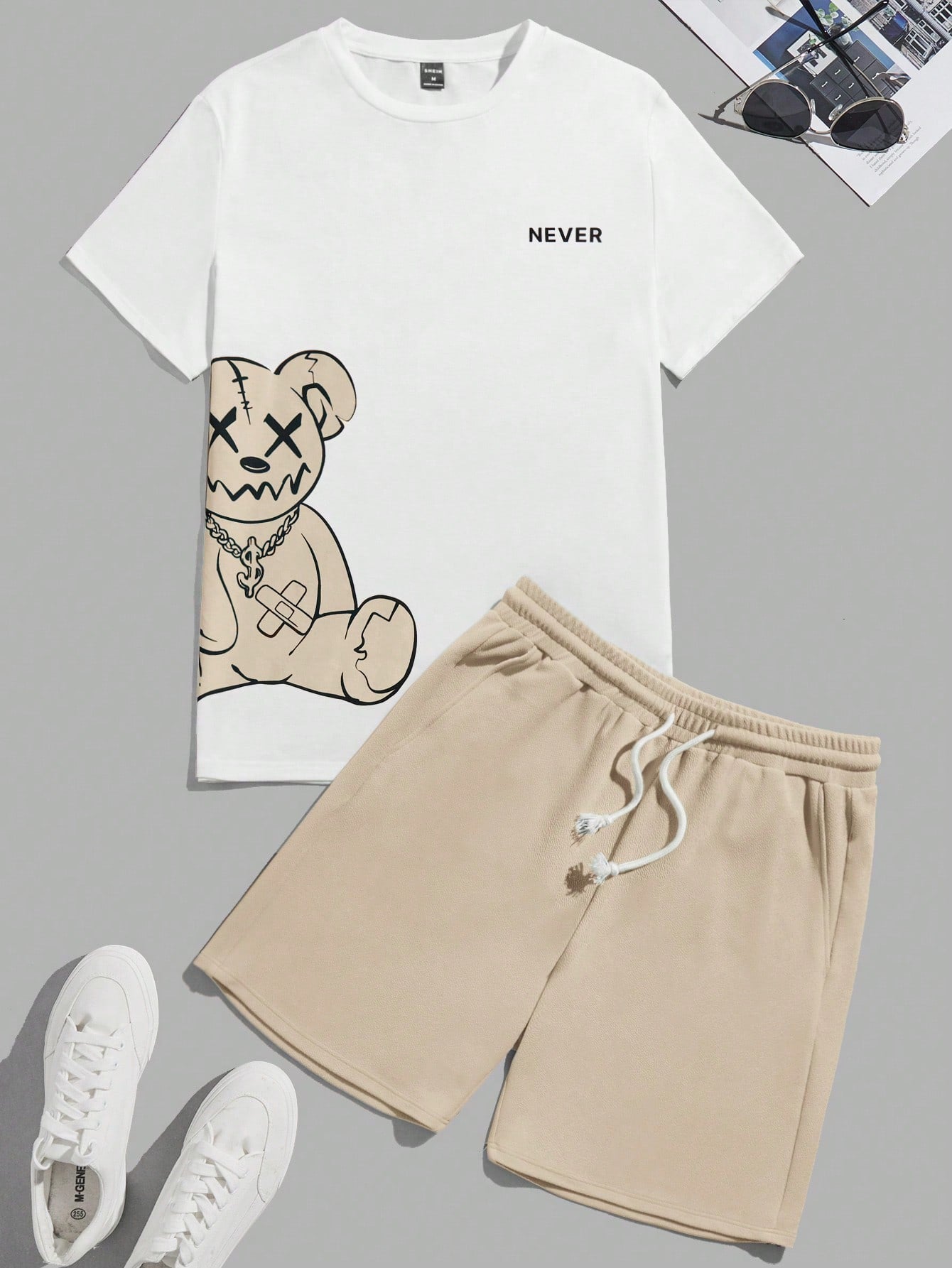 Bear Print T-Shirt And Shorts Knitting Casual Two-Piece Set