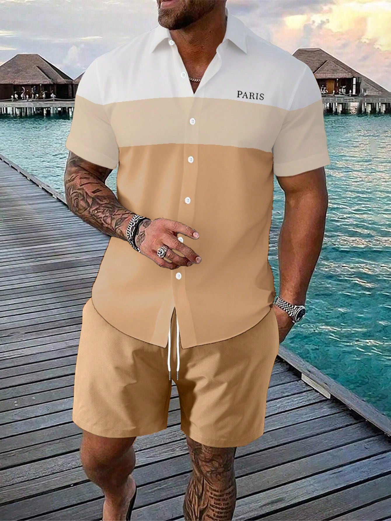 Men's Plus Size Summer Casual Letter Printed Colorblock Short Sleeve Shirt And Shorts Set