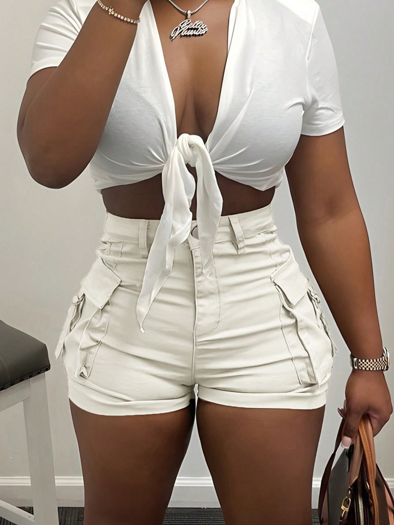 Rave Y2K Street Elastic Pink High Waist Flap Pocket Tape Detail Work Cargo Shorts Summer Casual Comfy Trendy Shorts