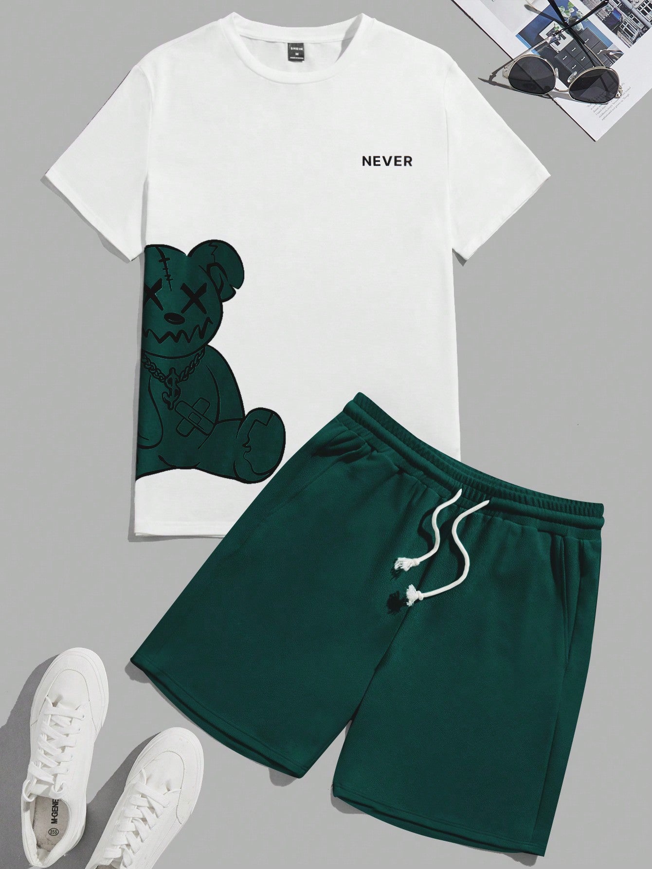 Bear Print T-Shirt And Shorts Knitting Casual Two-Piece Set