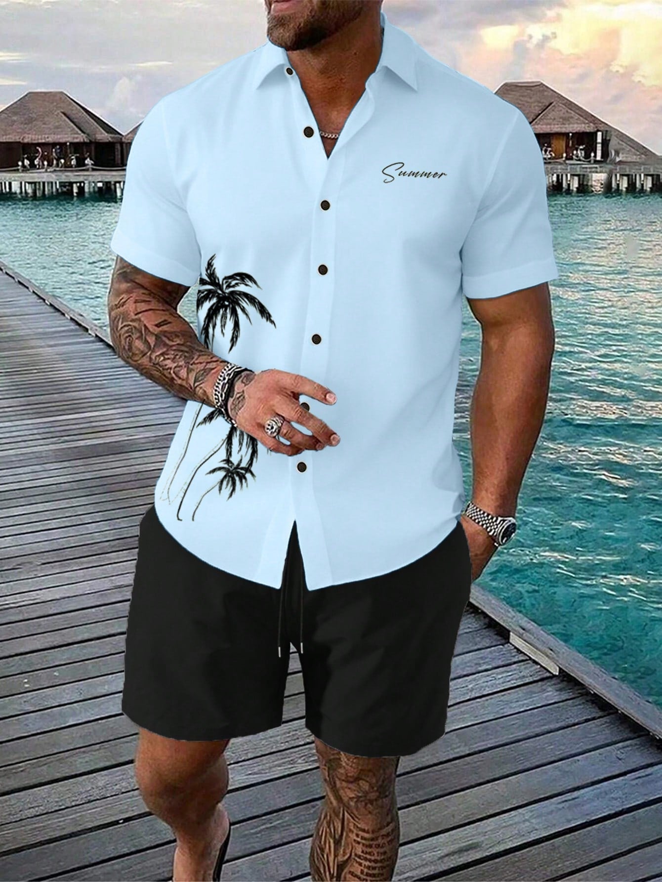 Men's Plus Size Printed Short Sleeve Shirt And Solid Color Shorts Set