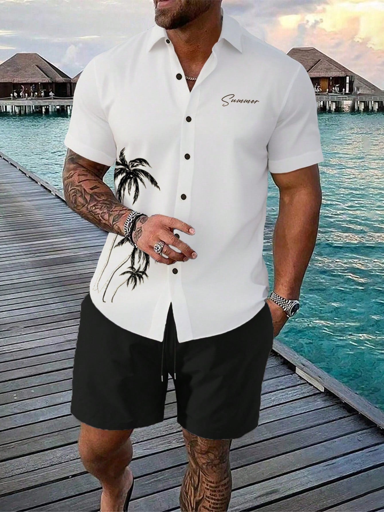 Men's Plus Size Printed Short Sleeve Shirt And Solid Color Shorts Set