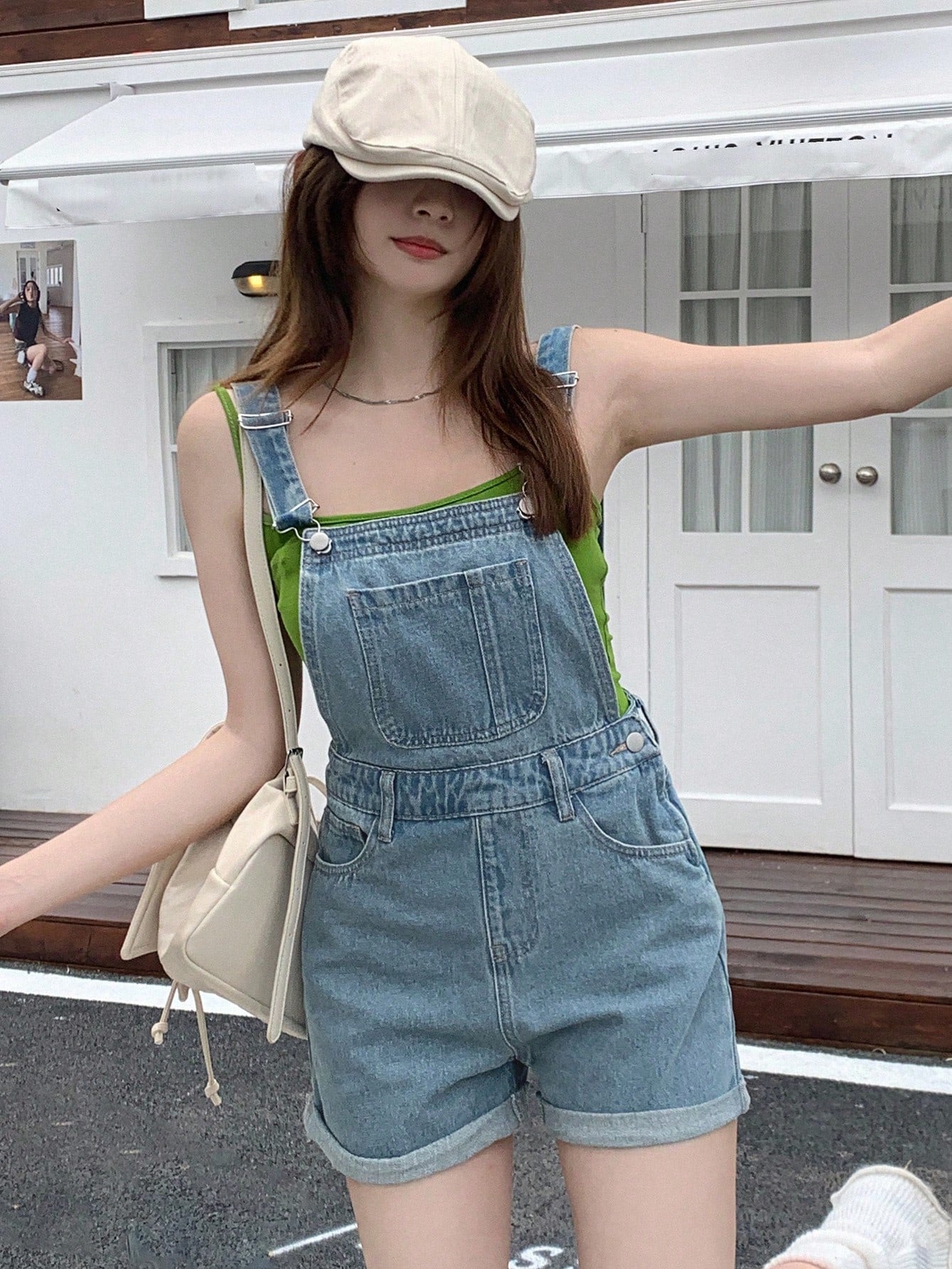 Roll Up Hem Denim Overall Romper Without Tee