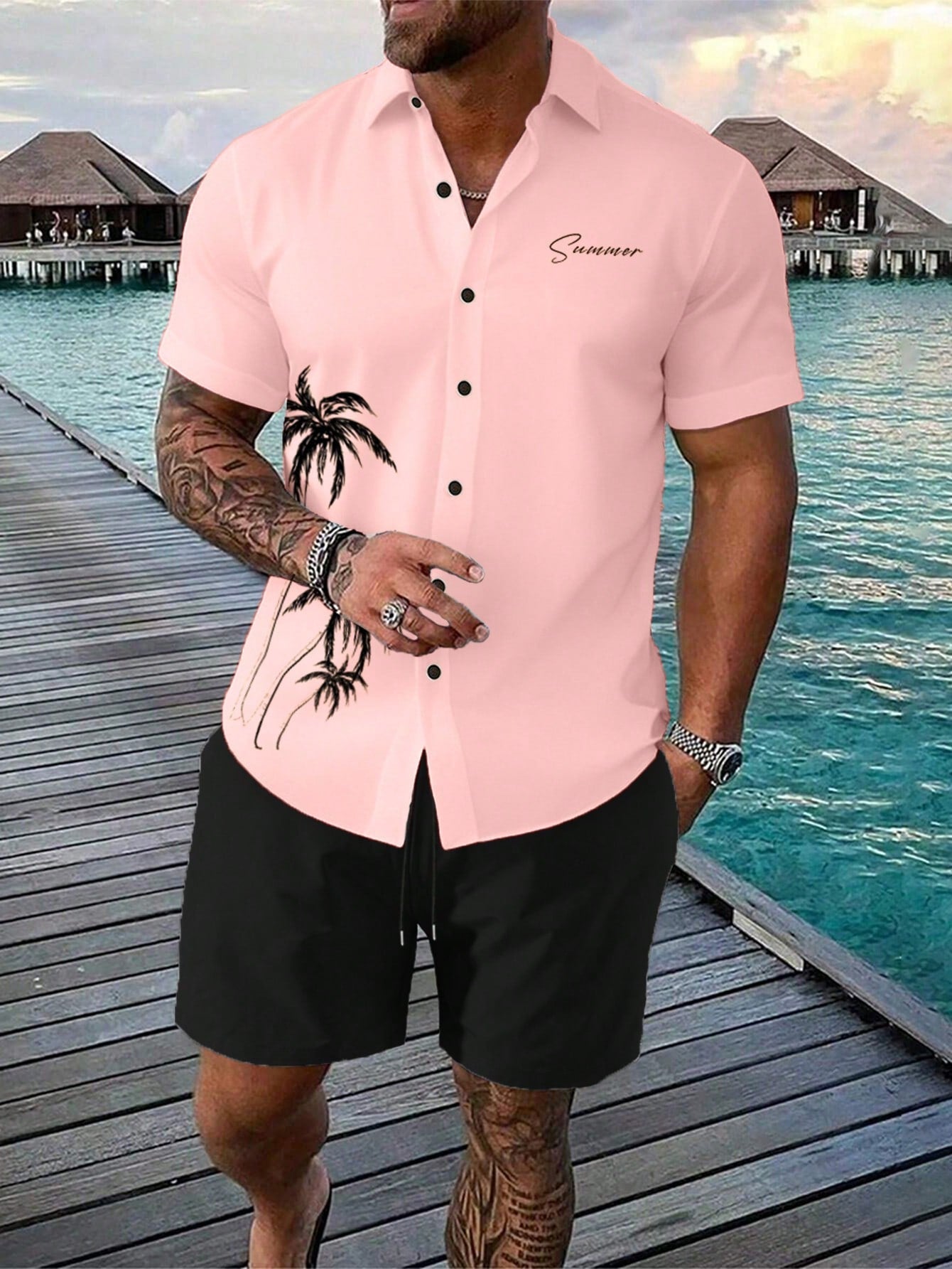 Men's Plus Size Printed Short Sleeve Shirt And Solid Color Shorts Set