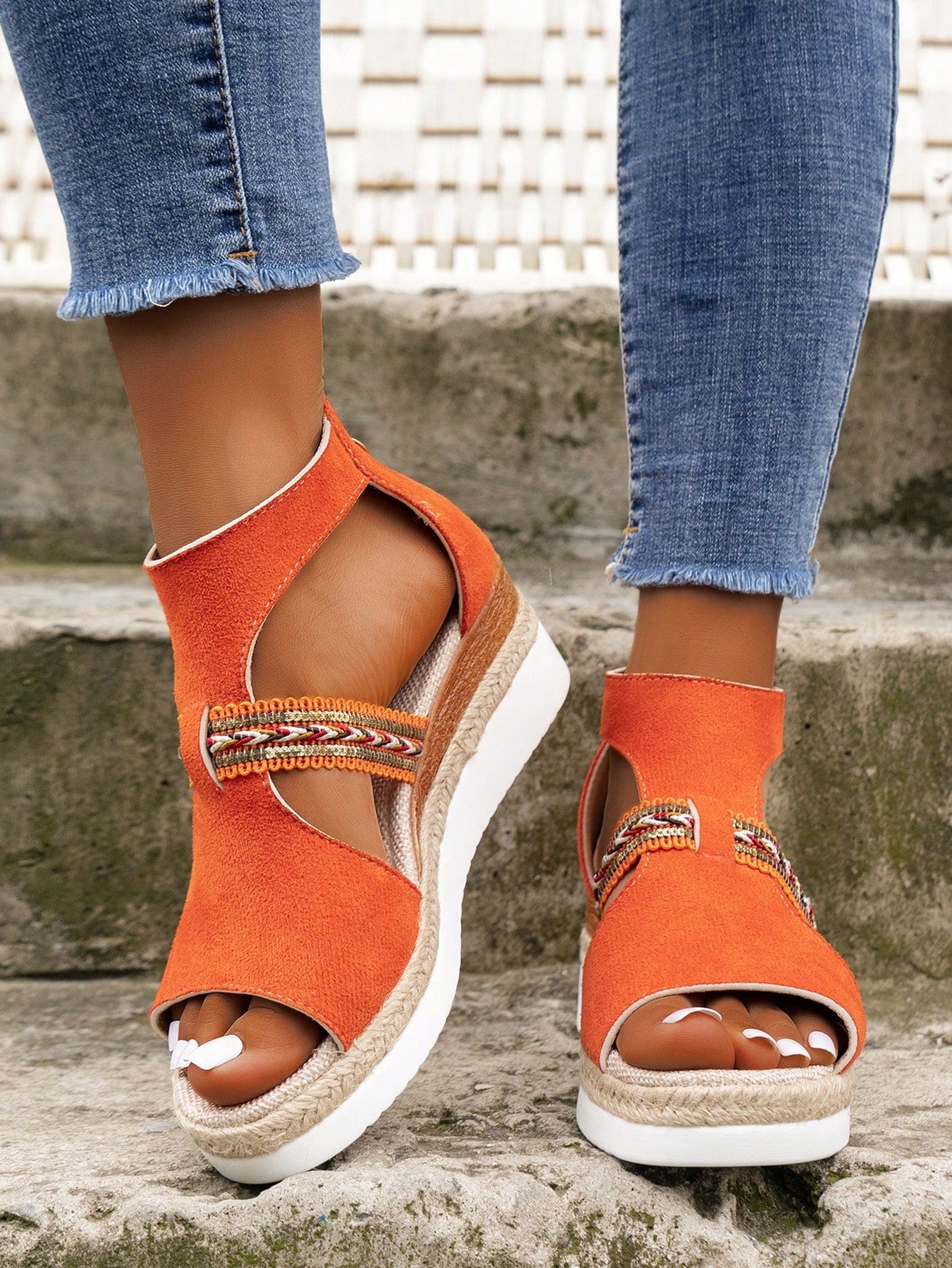 New Arrival Women's Casual Suede Espadrille Wedge Sandals, Retro Style Open Toe Cut-Out Platform Sandals, Orange Color (Plus Size Available)