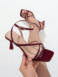 Women's Cross Strap Buckle Design Open Toe High Heel Sandals, Fashionable Summer Footwear For Daily Wear, Shopping And Gathering, Wine Red