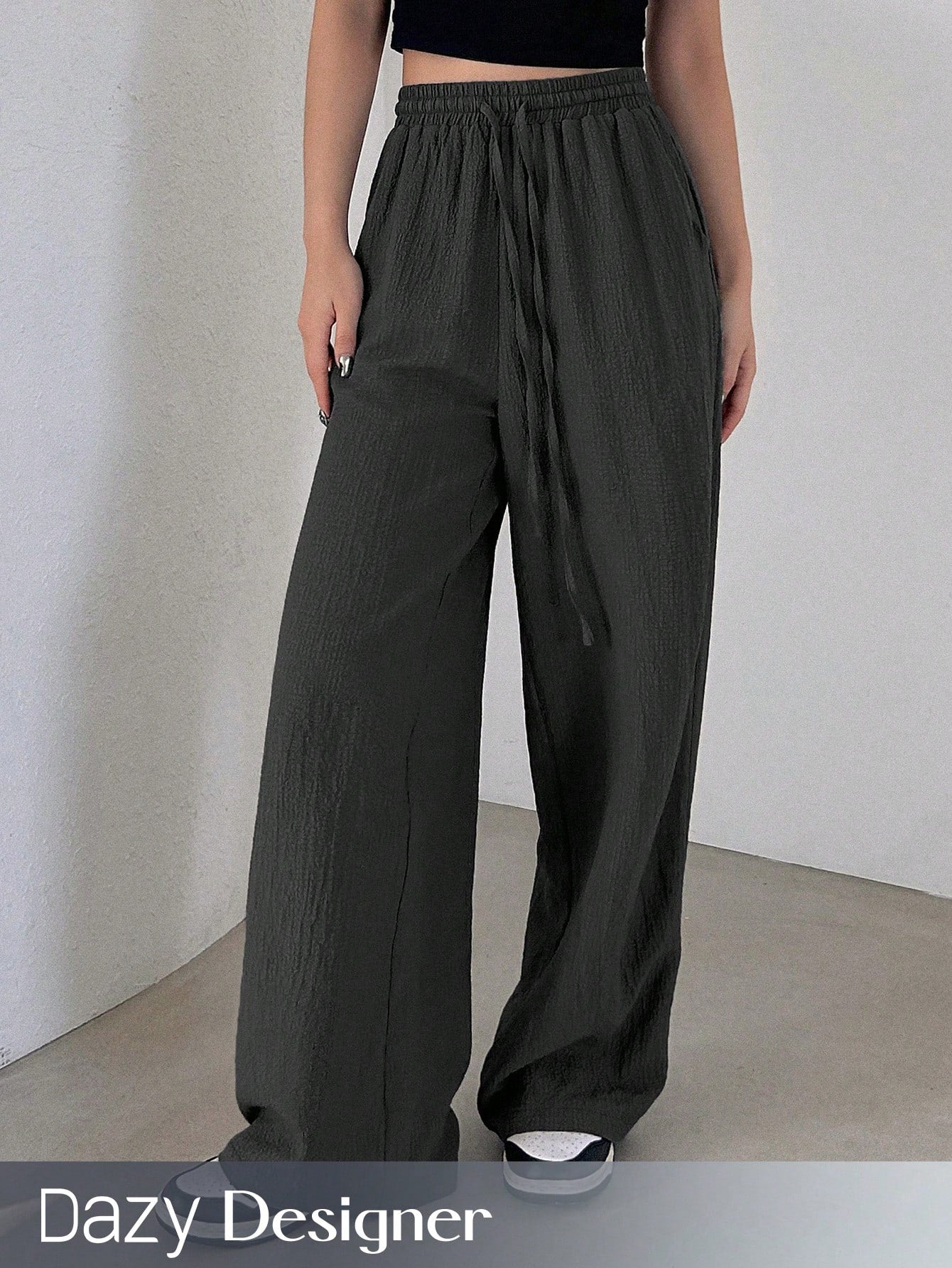 Designer Solid Color Elastic Waist Loose Fit Long Women Casual Pants With Drawstring
