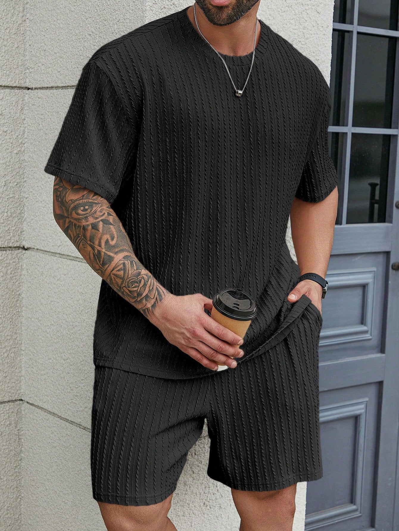 Men's Plus Size Summer Solid Color Textured Round Neck Short Sleeve Casual T-Shirt And Shorts Set