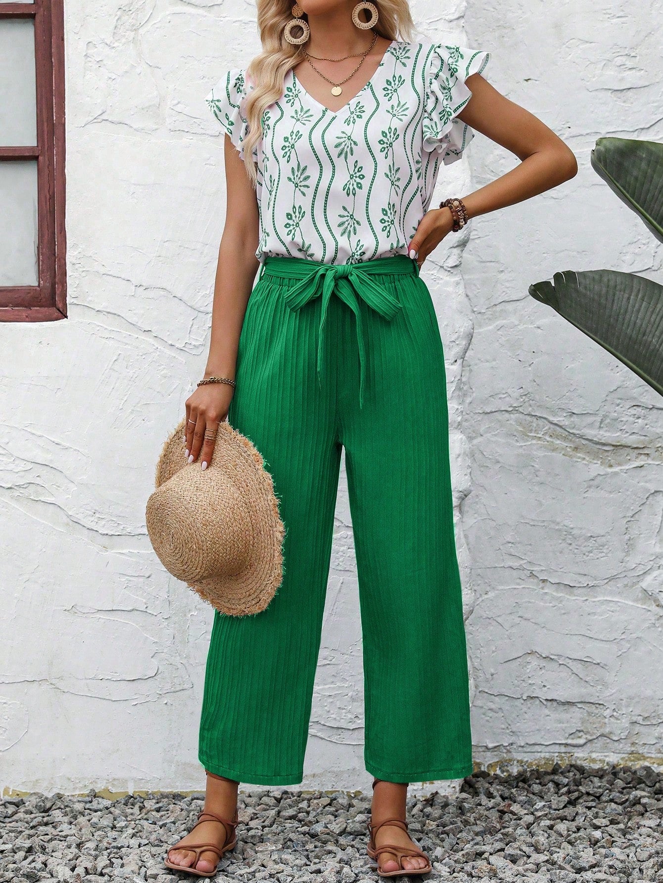 Allover Print Ruffle Trim Blouse & Belted Pants