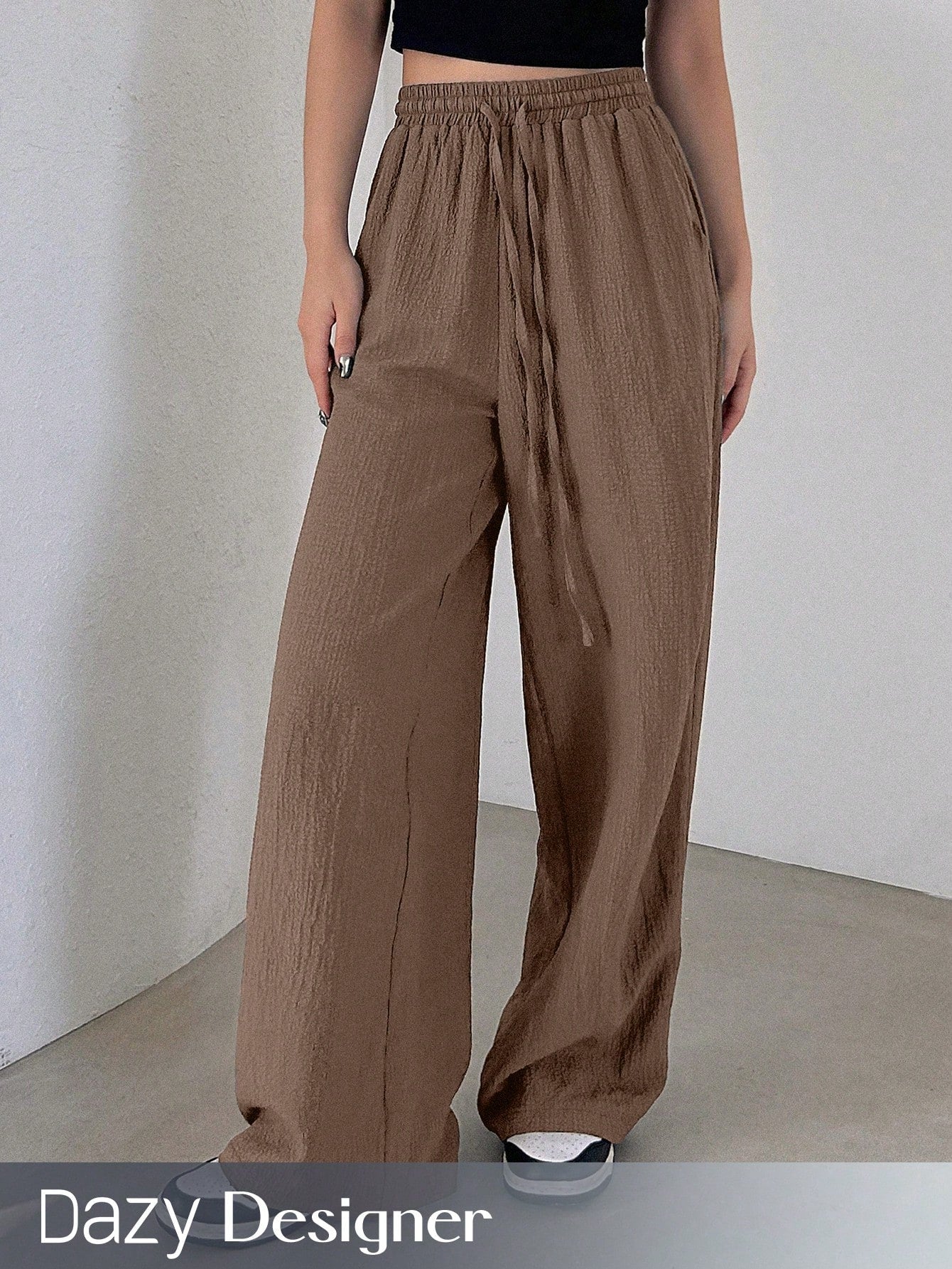 Designer Solid Color Elastic Waist Loose Fit Long Women Casual Pants With Drawstring